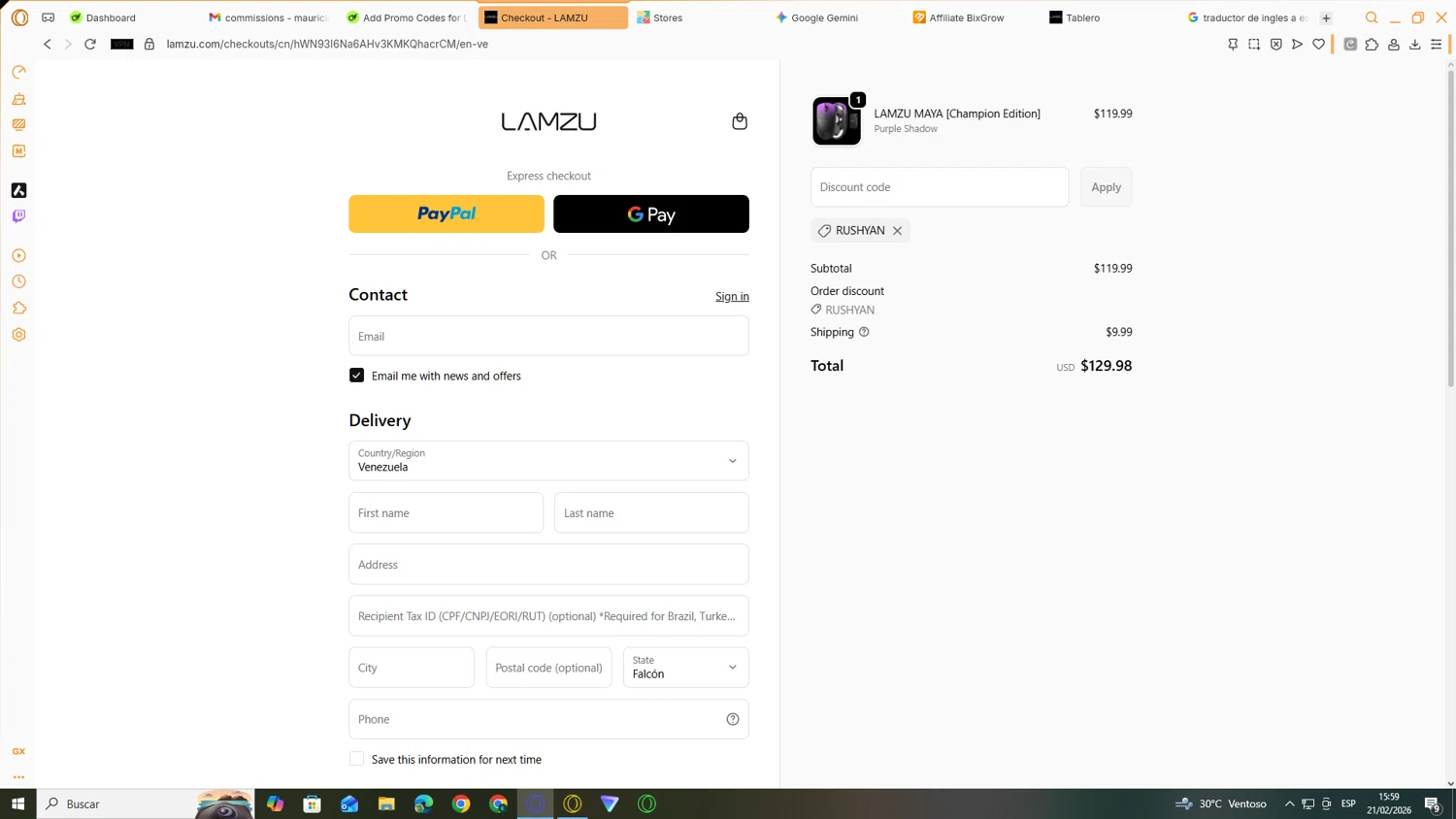 LAMZU promo code screenshot showing code RUSHYAN applied at LAMZU checkout page. Uploaded by SimplyCodes community member JEUGENIO on Feb 21, 2026