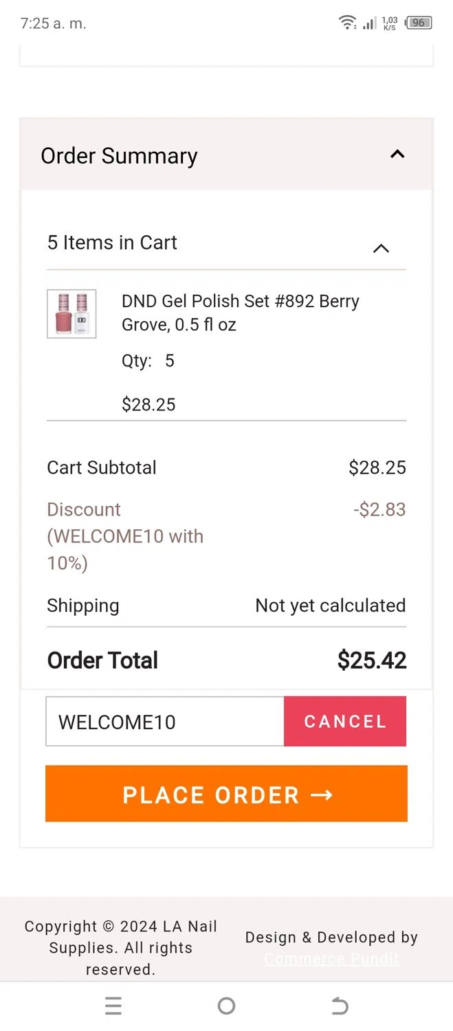 LA Nail Supply checkout page showing LA Nail Supply coupon code box | Screenshot taken by SimplyCodes community member on Sep 13, 2024