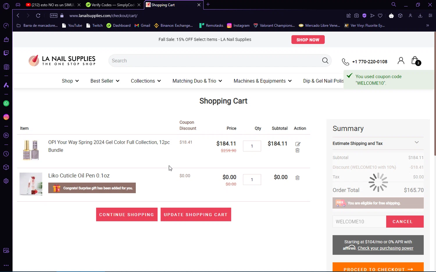 LA Nail Supply checkout page showing LA Nail Supply coupon code box | Screenshot taken by SimplyCodes community member on Oct 12, 2024