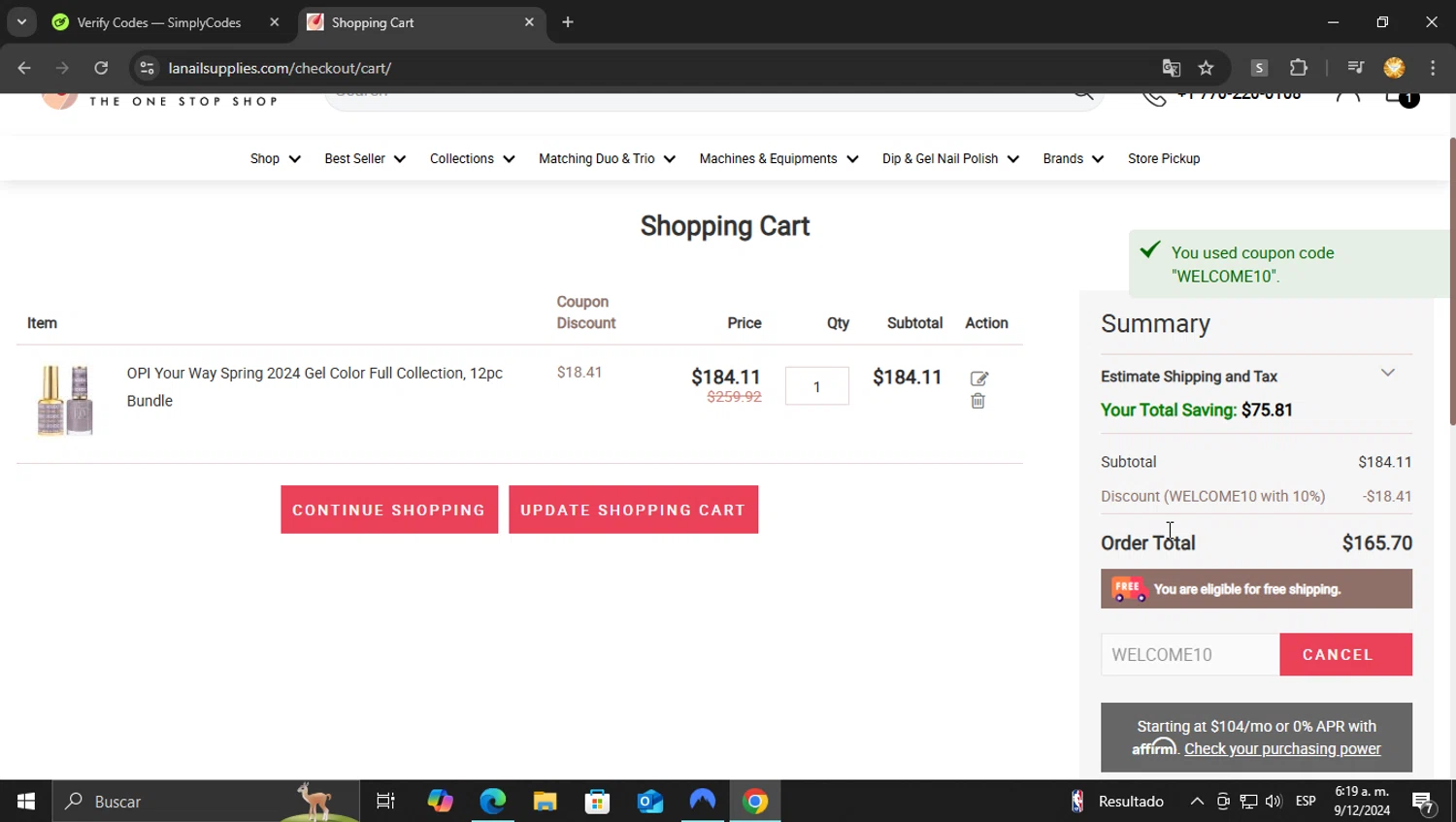 LA Nail Supply checkout page showing LA Nail Supply coupon code box | Screenshot taken by SimplyCodes community member on Dec 9, 2024