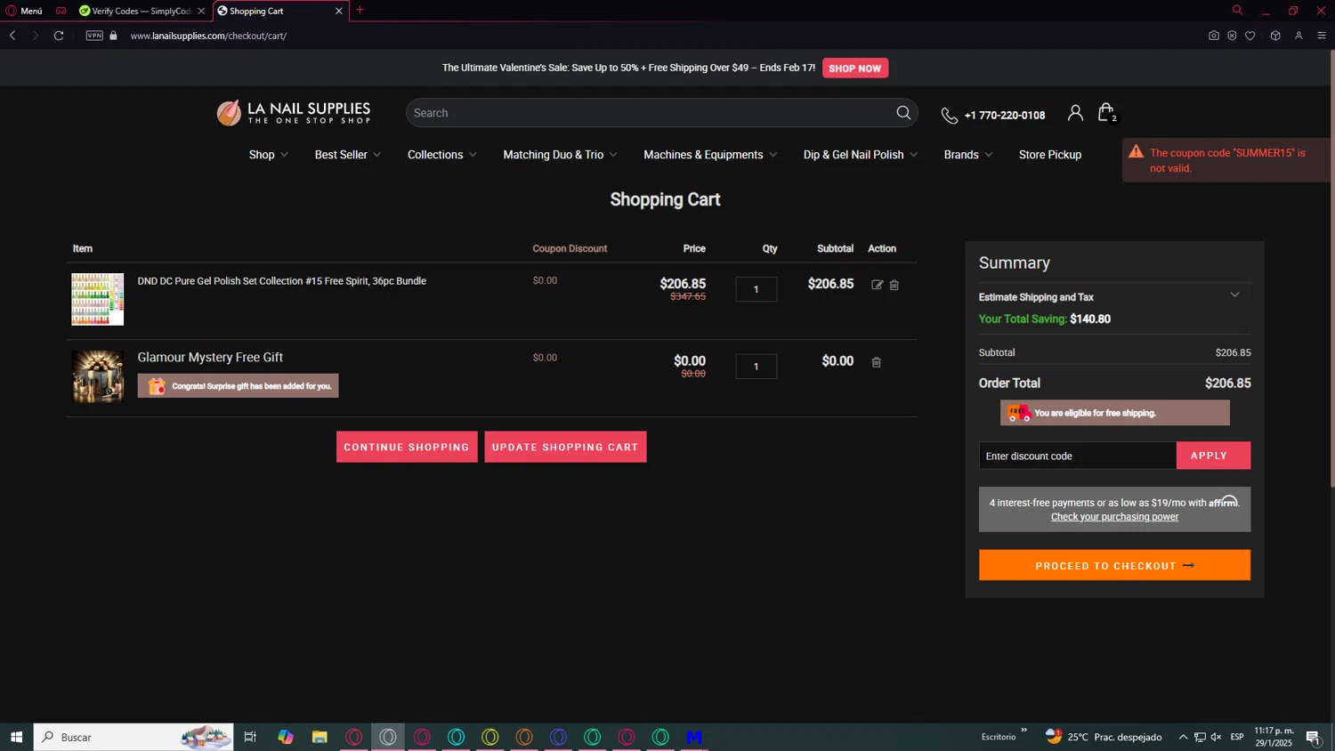 LA Nail Supply coupon code screenshot showing code SUMMER15 applied at LA Nail Supply checkout page. Uploaded by SimplyCodes community member RebateAce8829 on Jan 30, 2025