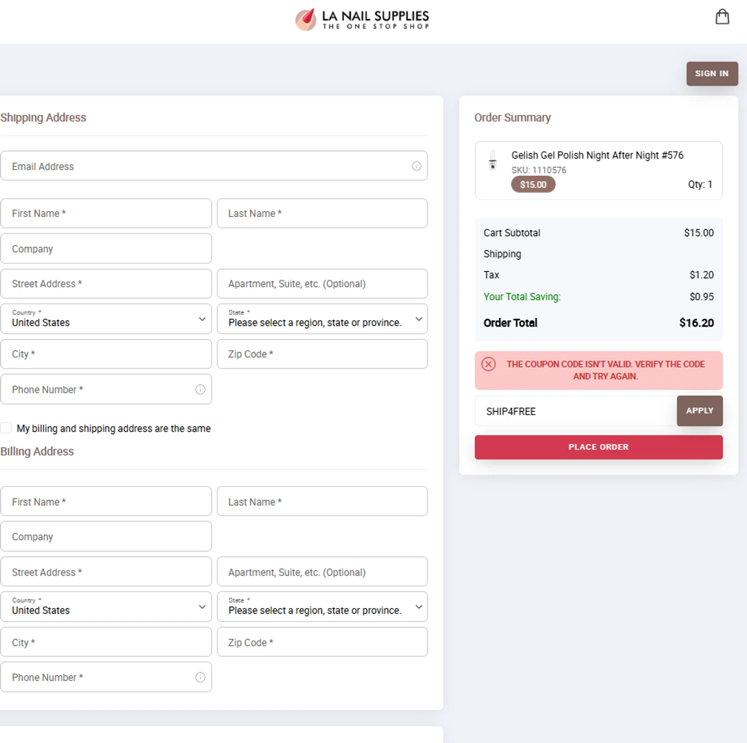 LA Nail Supply coupon code screenshot showing code SHIP4FREE applied at LA Nail Supply checkout page. Uploaded by SimplyCodes community member reggiesmith on Feb 2, 2026