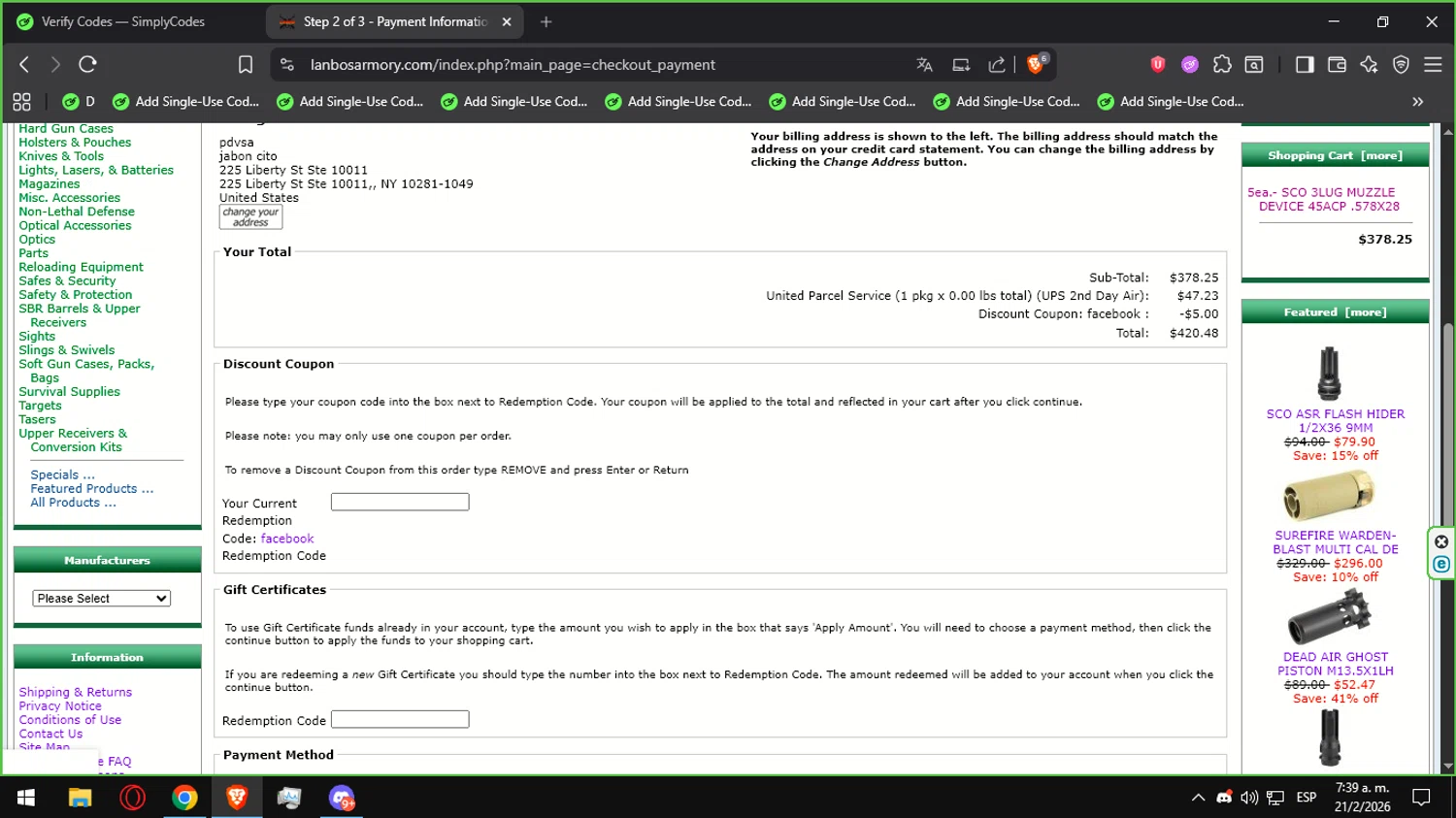 Lanbo's Armory promo code screenshot showing code facebook applied at Lanbo's Armory checkout page. Uploaded by SimplyCodes community member Ultrapapu on Feb 21, 2026