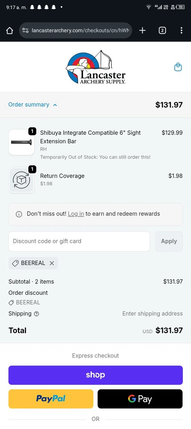 Lancaster Archery Supply discount code screenshot showing code beereal applied at Lancaster Archery Supply checkout page. Uploaded by SimplyCodes community member Sasuk3 on Nov 11, 2025