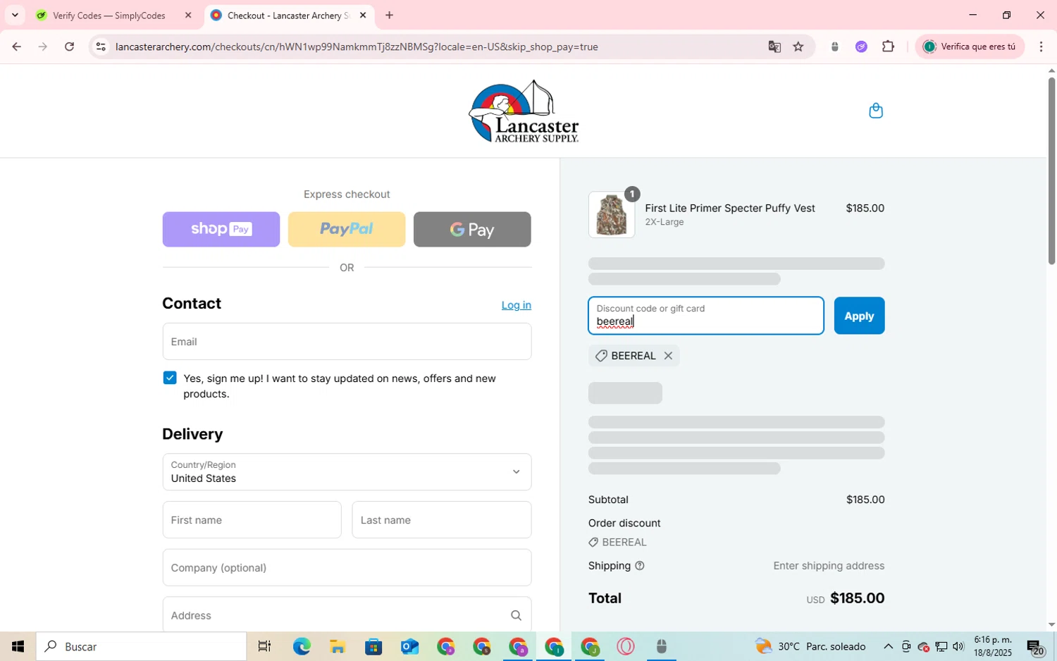 Lancaster Archery Supply discount code screenshot showing code beereal applied at Lancaster Archery Supply checkout page. Uploaded by SimplyCodes community member SmartShopper4328 on Aug 18, 2025