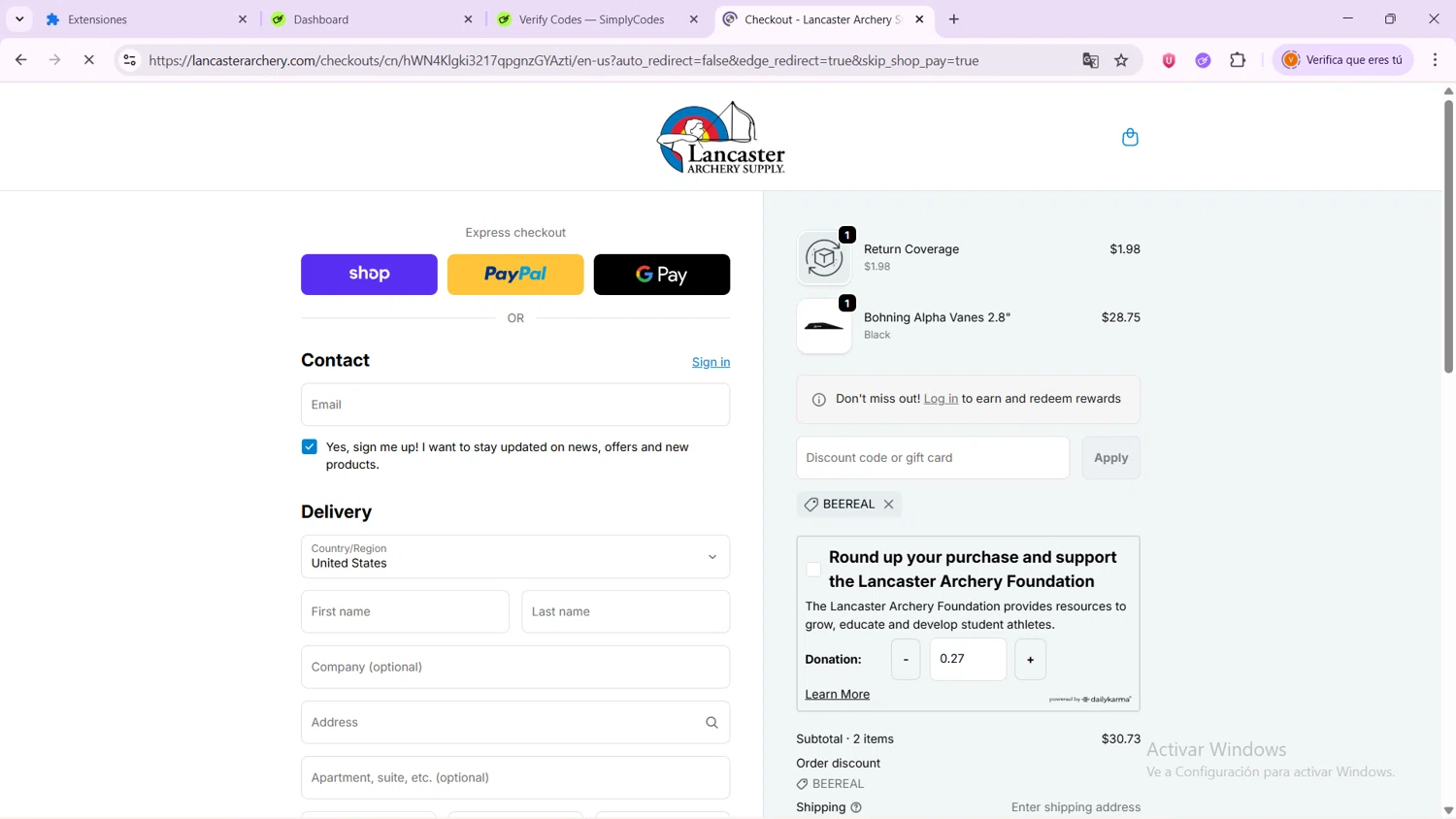 Lancaster Archery Supply discount code screenshot showing code beereal applied at Lancaster Archery Supply checkout page. Uploaded by SimplyCodes community member VoucherShopper4674 on Oct 20, 2025