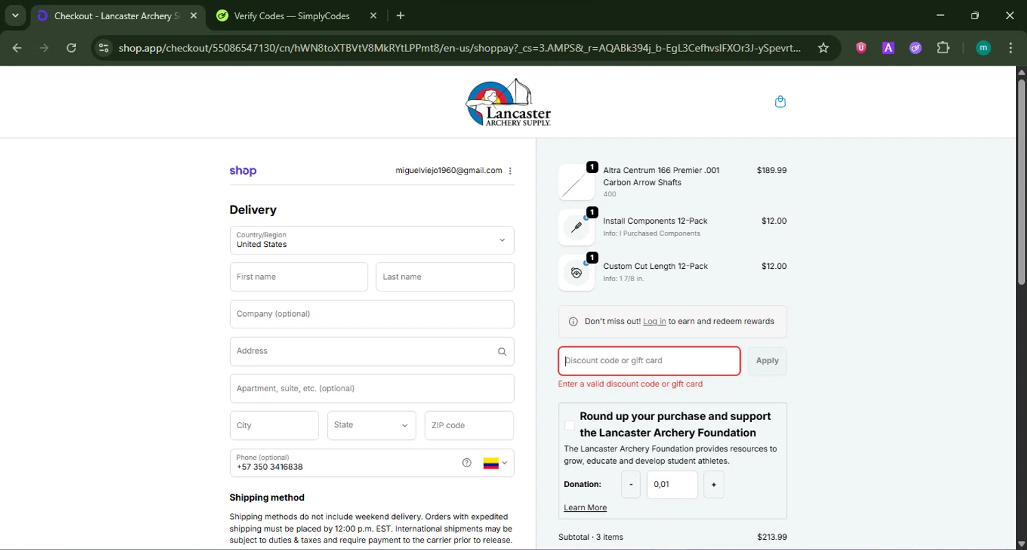 Lancaster Archery Supply promo code screenshot showing code 24USAMEMBER applied at Lancaster Archery Supply checkout page. Uploaded by SimplyCodes community member CrownSpotter4262 on Feb 17, 2026