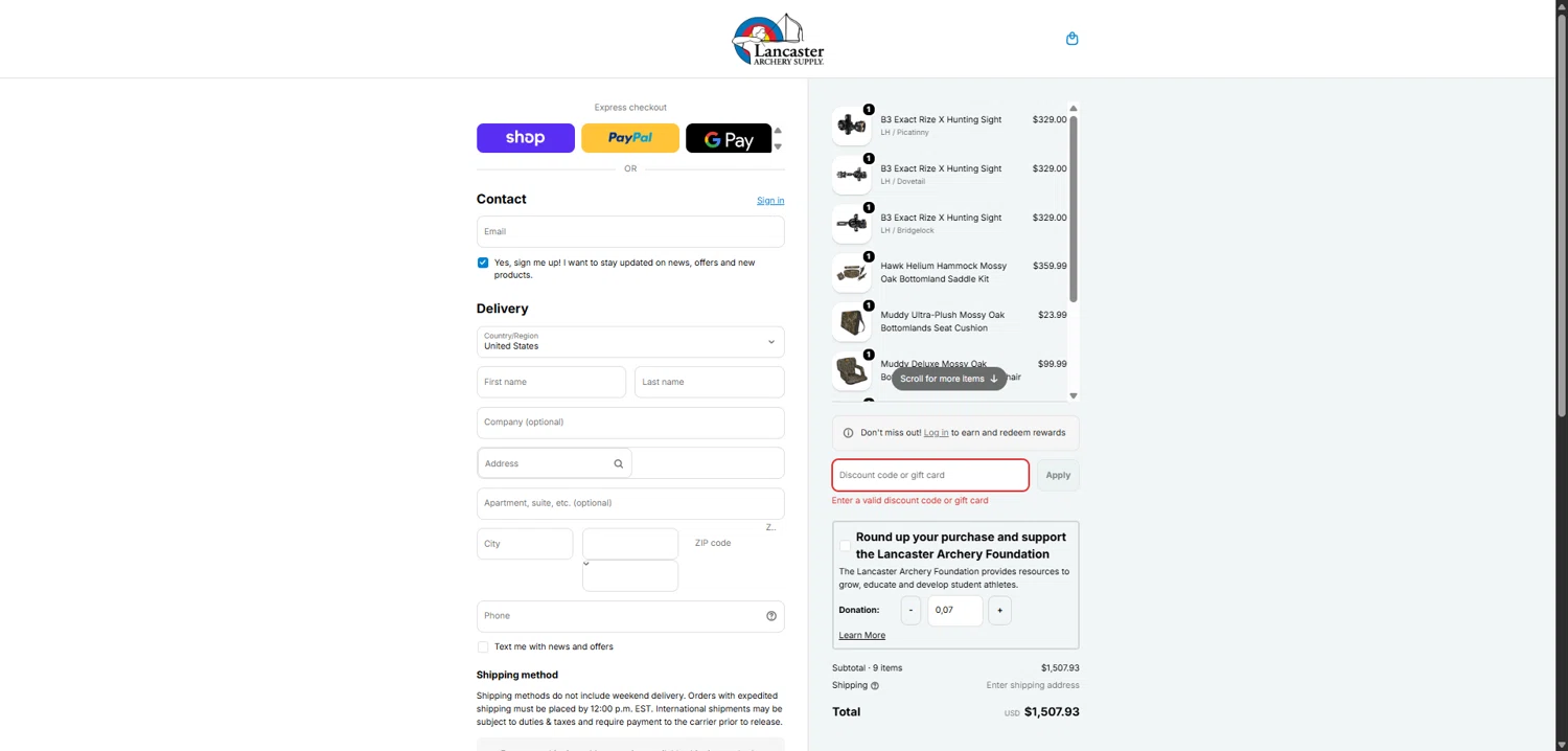 Lancaster Archery Supply discount code screenshot showing code 24USAMEMBER applied at Lancaster Archery Supply checkout page. Uploaded by SimplyCodes community member MightyMaverick3143 on Feb 17, 2026
