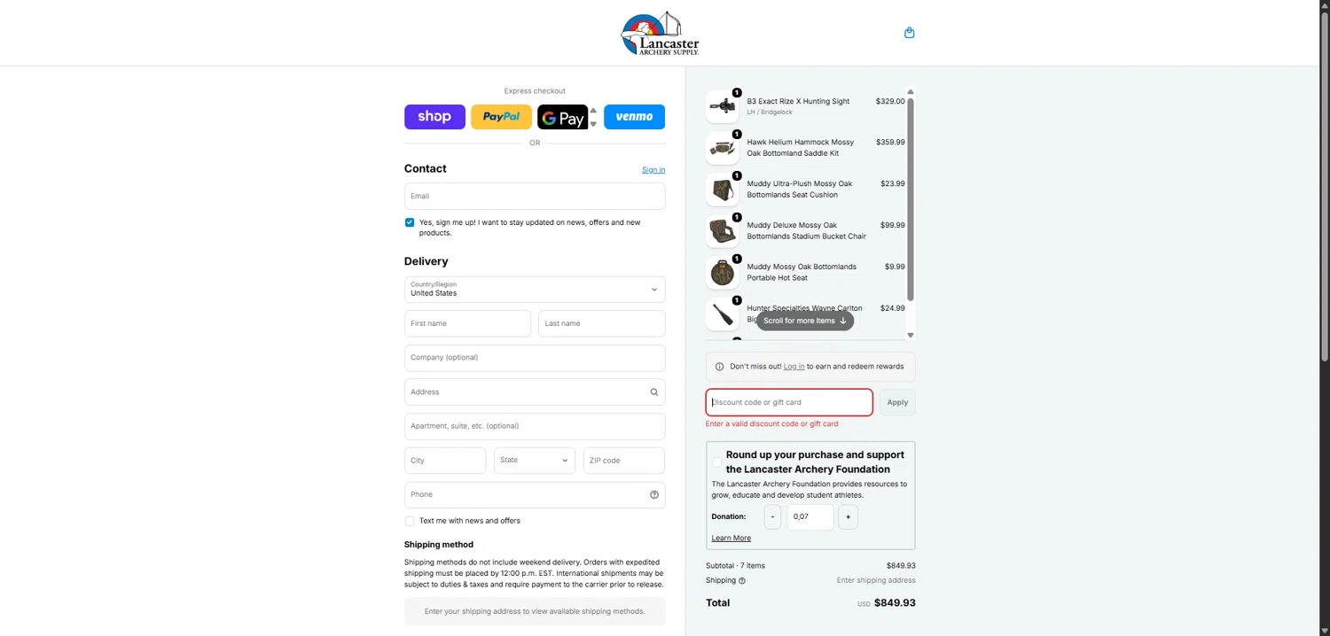 Lancaster Archery Supply discount code screenshot showing code 24USAMEMBER applied at Lancaster Archery Supply checkout page. Uploaded by SimplyCodes community member SavvyCollector7681 on Feb 17, 2026