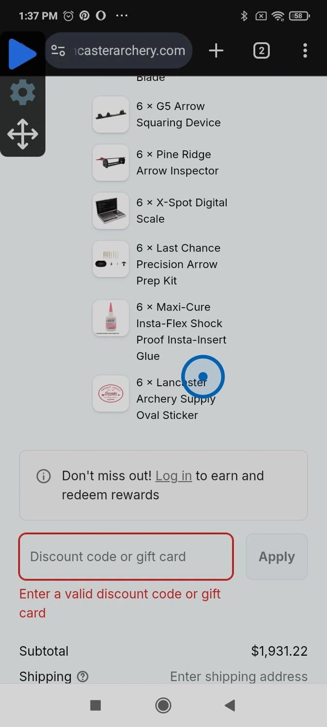 Lancaster Archery Supply promo code screenshot showing code SAWBFCM24 applied at Lancaster Archery Supply checkout page. Uploaded by SimplyCodes community member Papiex on Jan 19, 2026