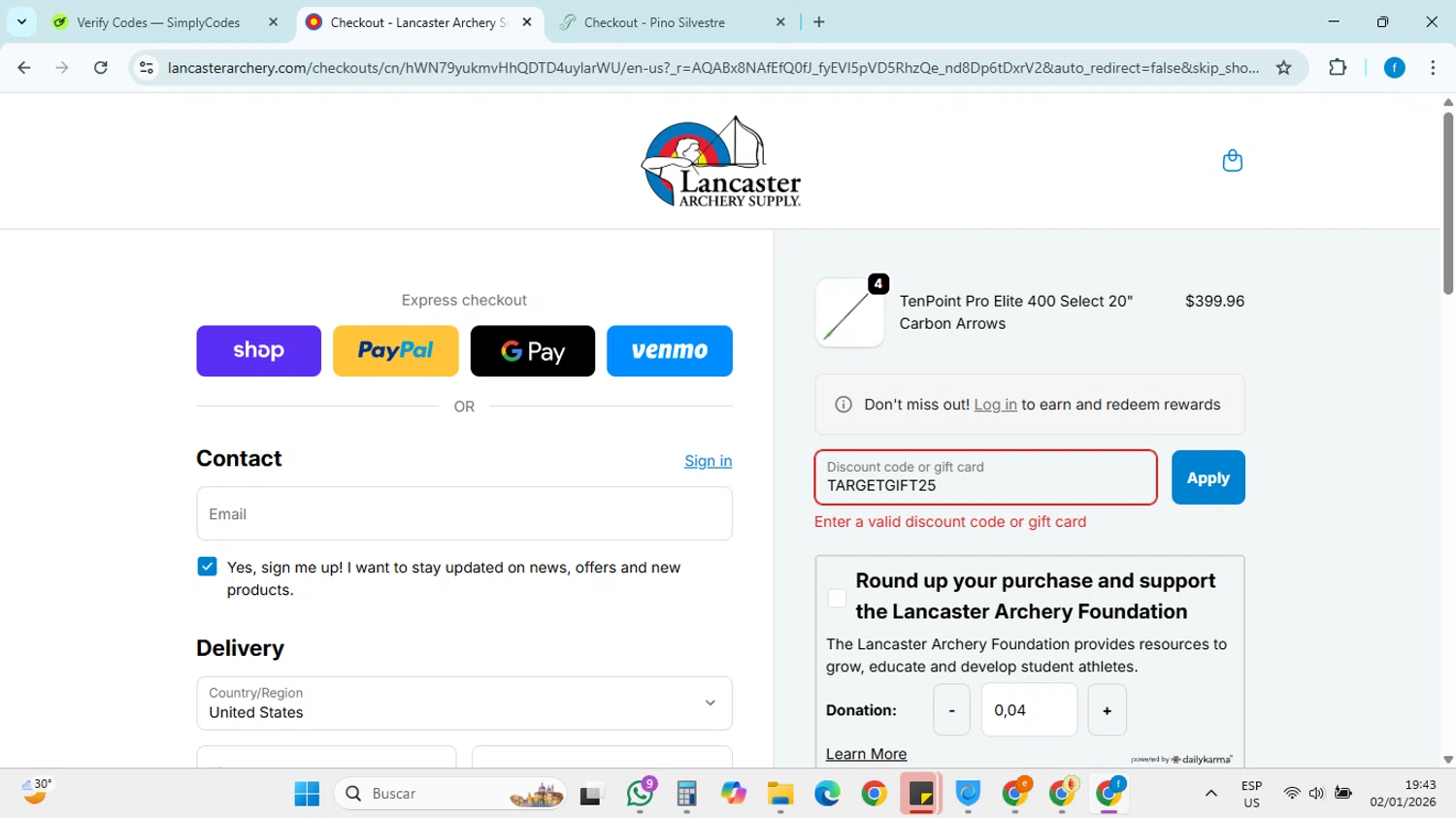 Lancaster Archery Supply discount code screenshot showing code TARGETGIFT25 applied at Lancaster Archery Supply checkout page. Uploaded by SimplyCodes community member FRANCYCASERES12 on Jan 2, 2026