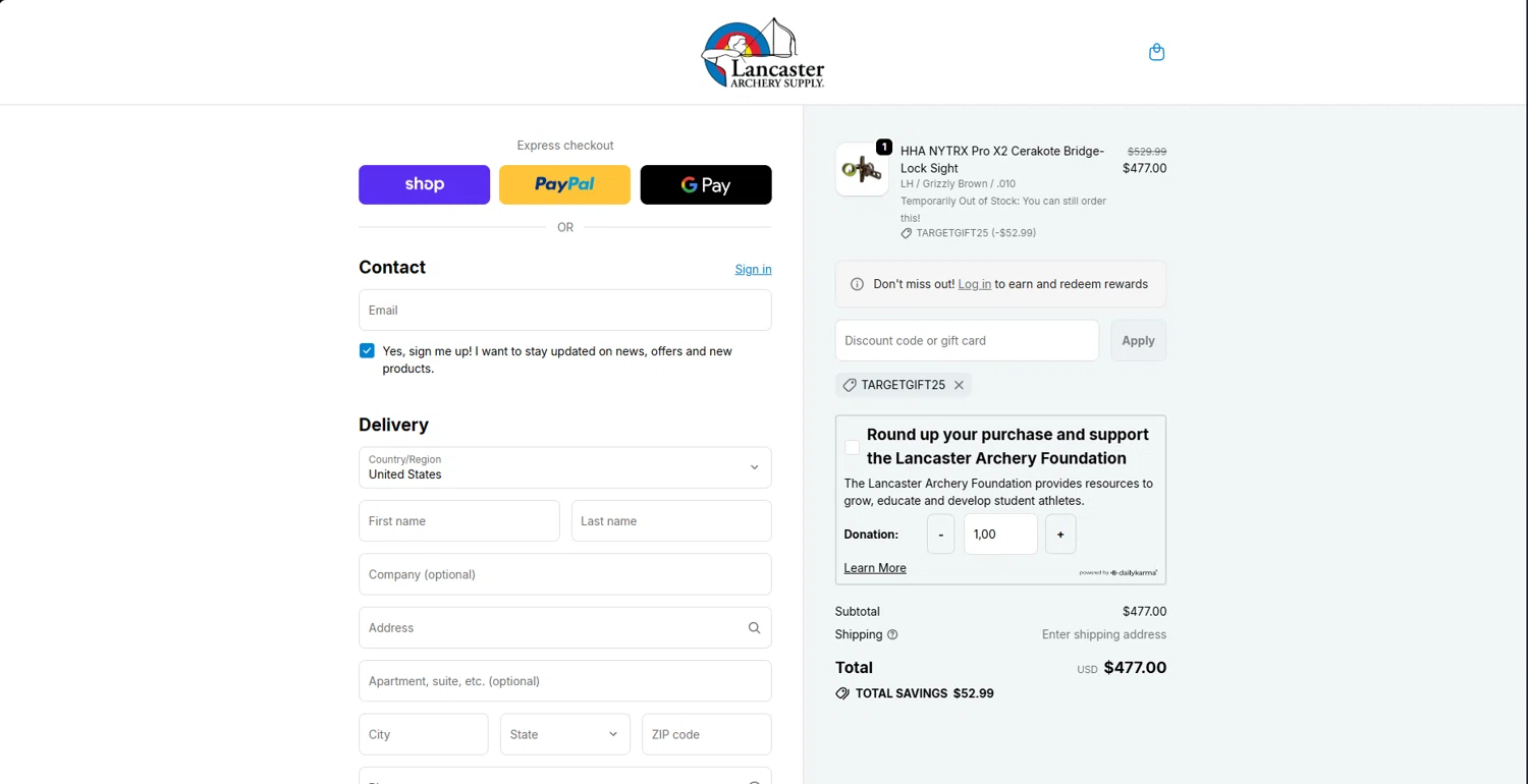 Lancaster Archery Supply discount code screenshot showing code TARGETGIFT25 applied at Lancaster Archery Supply checkout page. Uploaded by SimplyCodes community member Underaiki on Dec 10, 2025