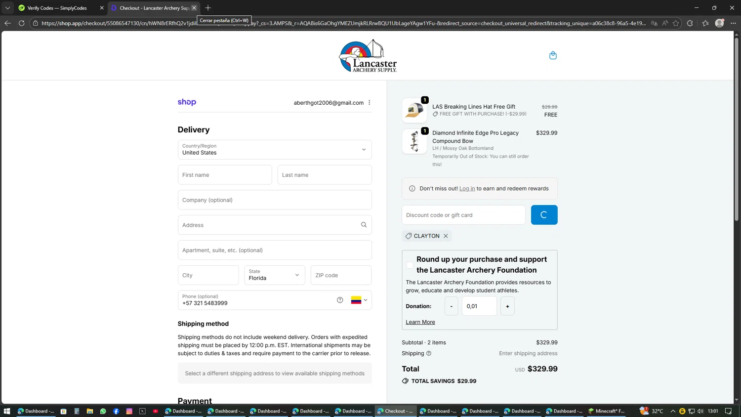 Lancaster Archery Supply discount code screenshot showing code CLAYTON applied at Lancaster Archery Supply checkout page. Uploaded by SimplyCodes community member AVAMUSTANG on Feb 16, 2026