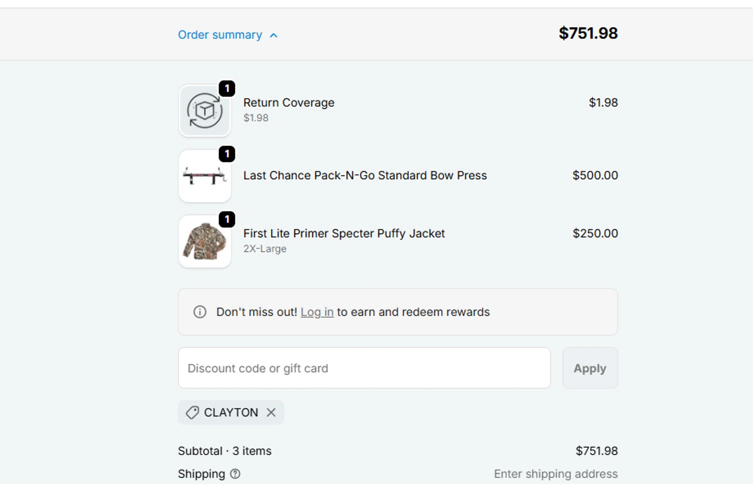 Lancaster Archery Supply discount code screenshot showing code CLAYTON applied at Lancaster Archery Supply checkout page. Uploaded by SimplyCodes community member ashe1986 on Dec 8, 2025