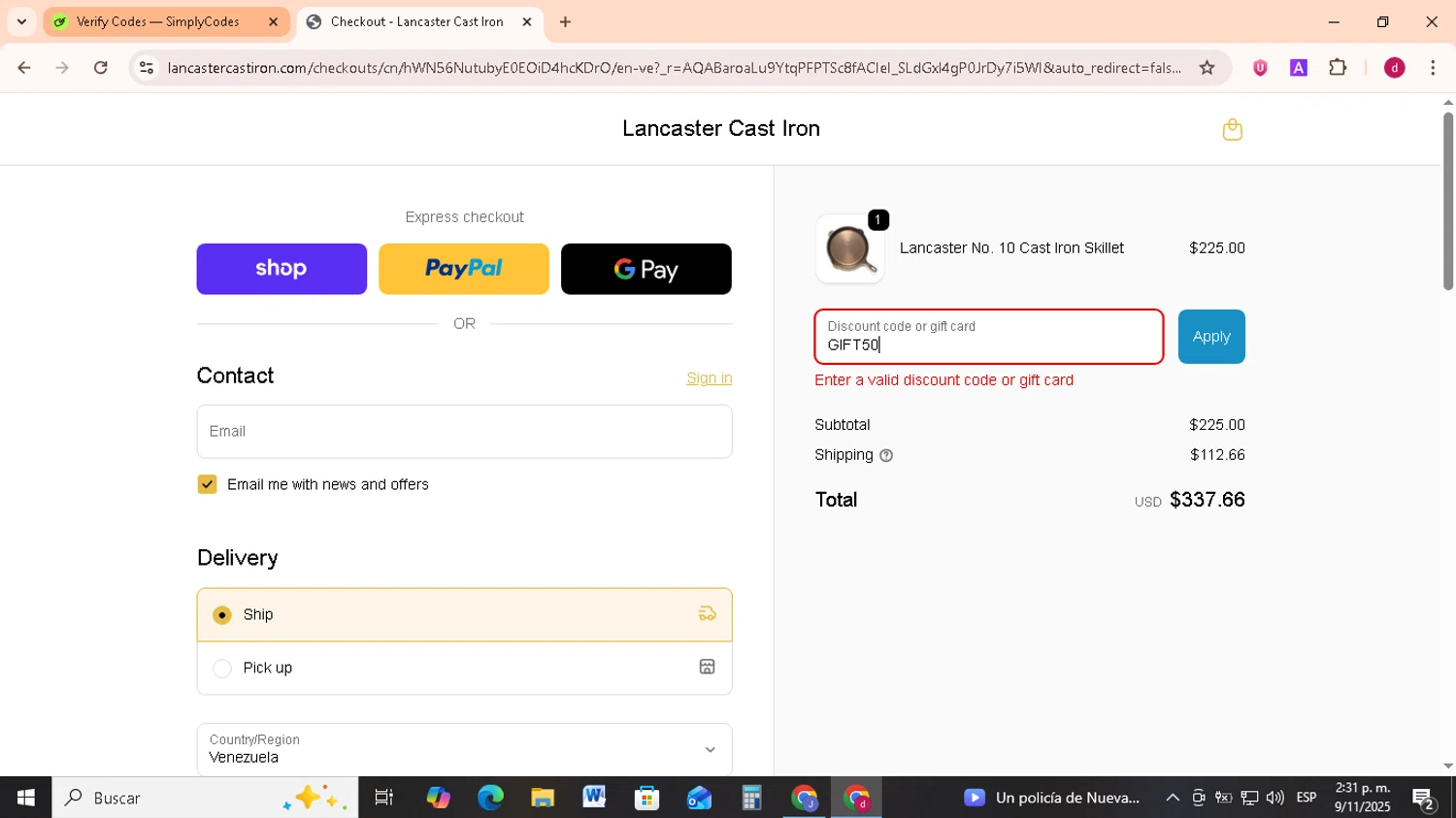 Lancaster Cast Iron discount code screenshot showing code GIFT50 applied at Lancaster Cast Iron checkout page. Uploaded by SimplyCodes community member FrugalMonarch7277 on Nov 9, 2025