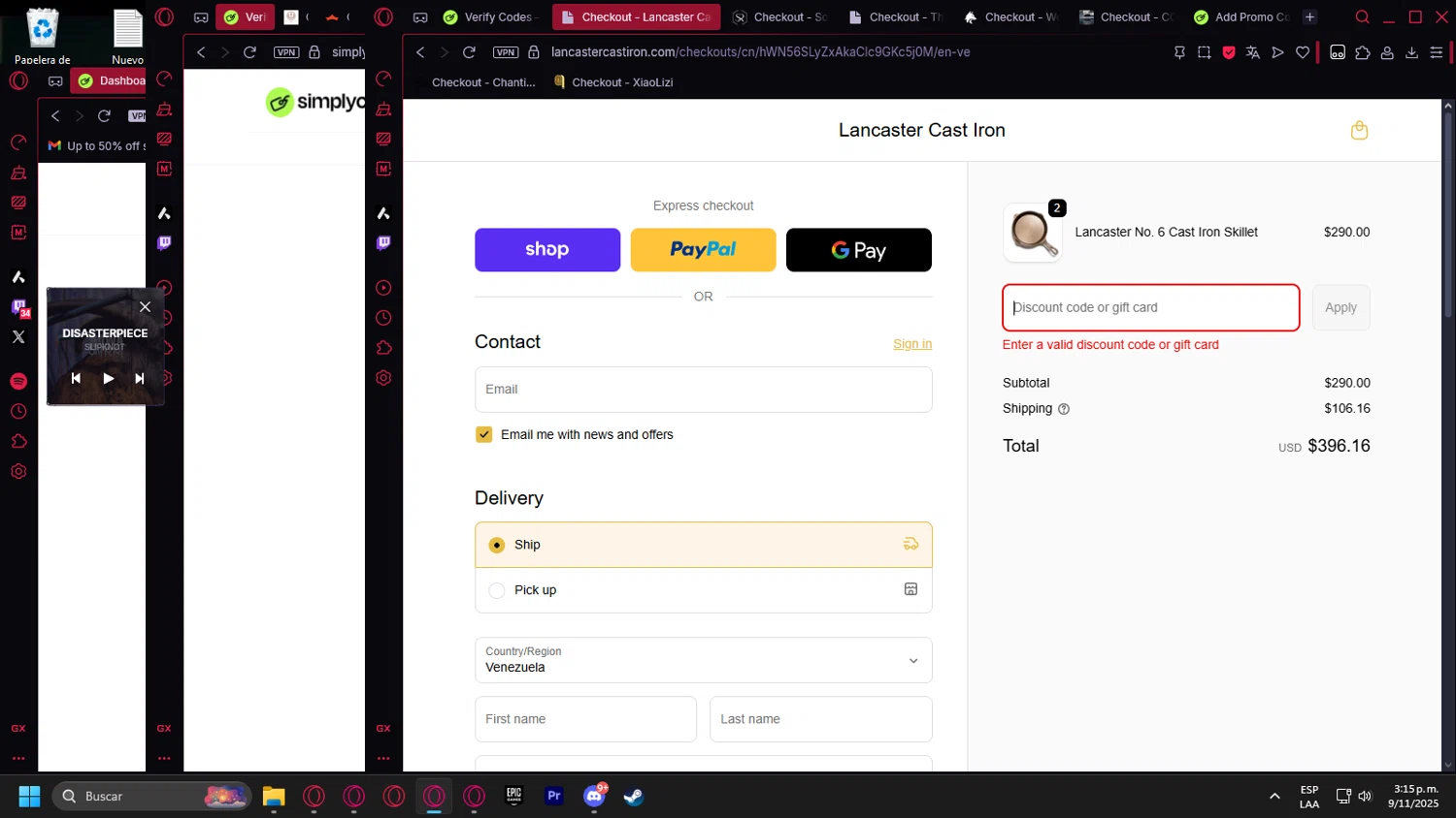 Lancaster Cast Iron discount code screenshot showing code GIFT50 applied at Lancaster Cast Iron checkout page. Uploaded by SimplyCodes community member Halanweik on Nov 9, 2025
