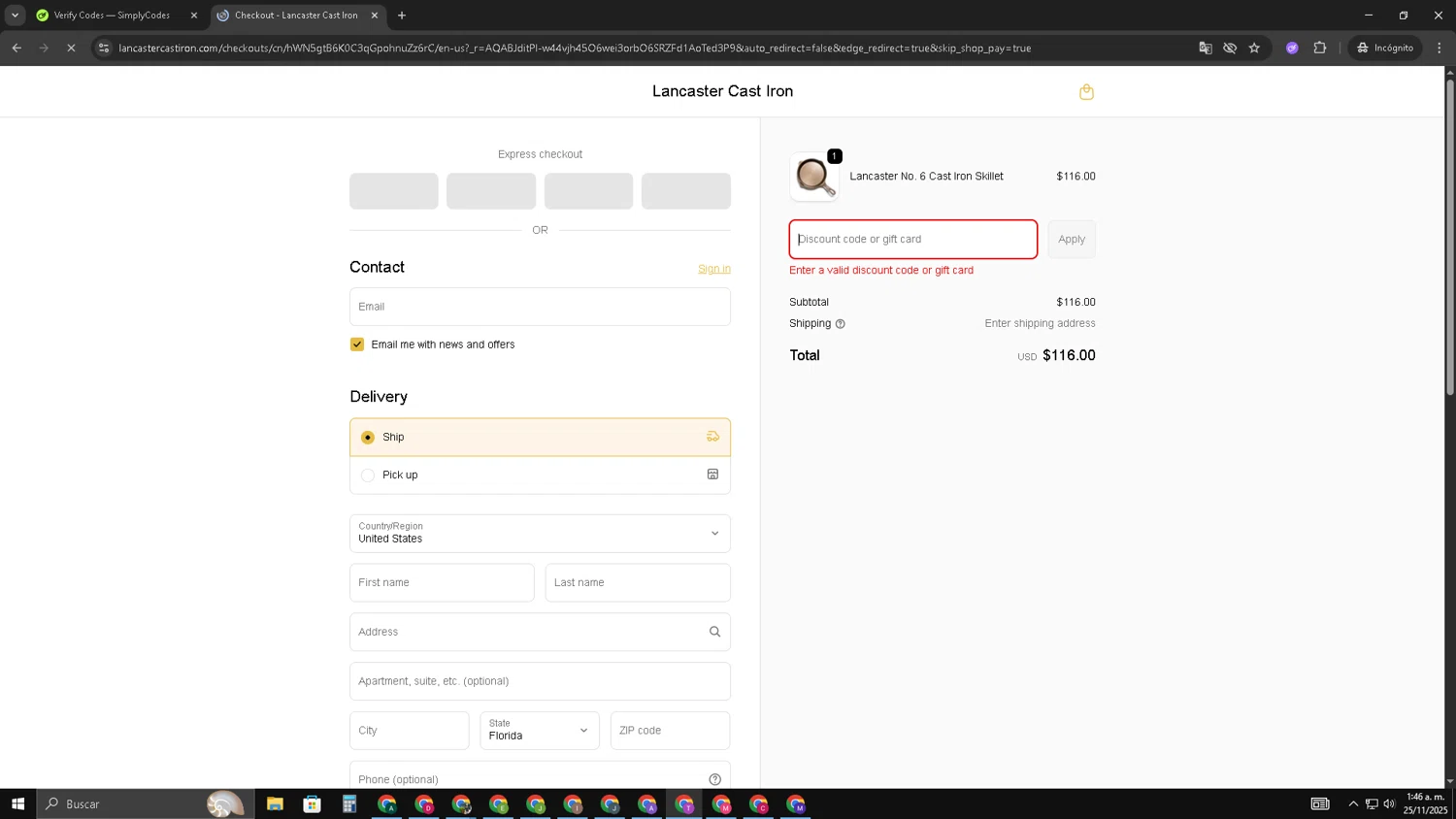 Lancaster Cast Iron discount code screenshot showing code get50 applied at Lancaster Cast Iron checkout page. Uploaded by SimplyCodes community member ShrewdSleuth9497 on Nov 25, 2025