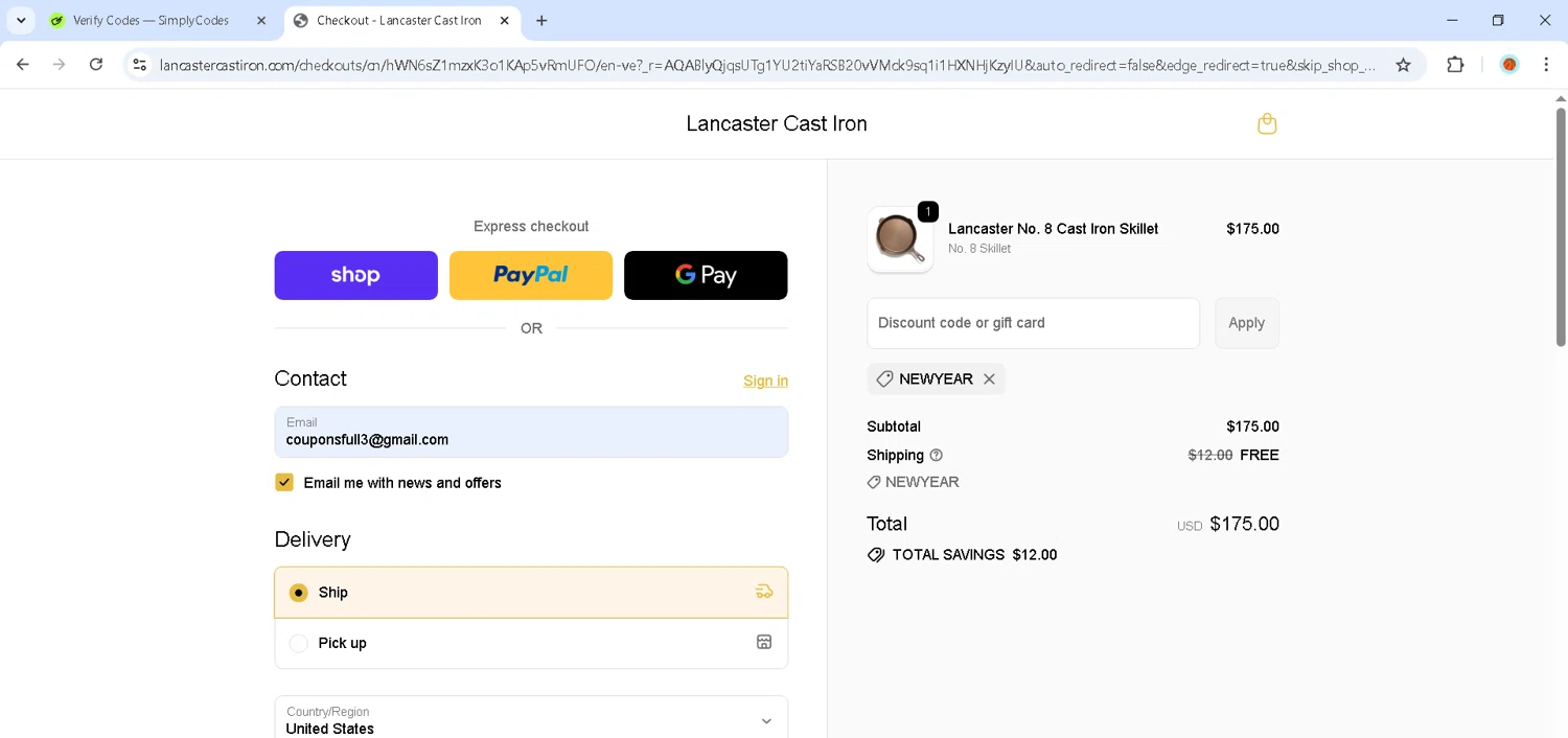 Lancaster Cast Iron checkout page showing Lancaster Cast Iron discount code box | Screenshot taken by SimplyCodes community member on Dec 26, 2025