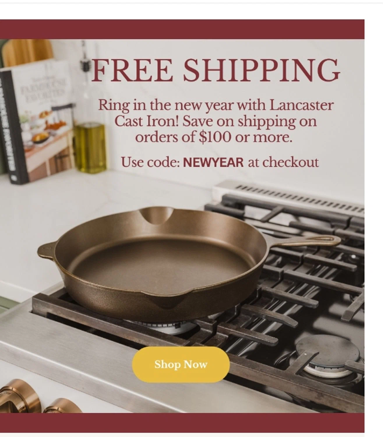 Lancaster Cast Iron discount code screenshot showing code NEWYEAR applied at Lancaster Cast Iron checkout page. Uploaded by SimplyCodes community member Mdeoca on Dec 26, 2025