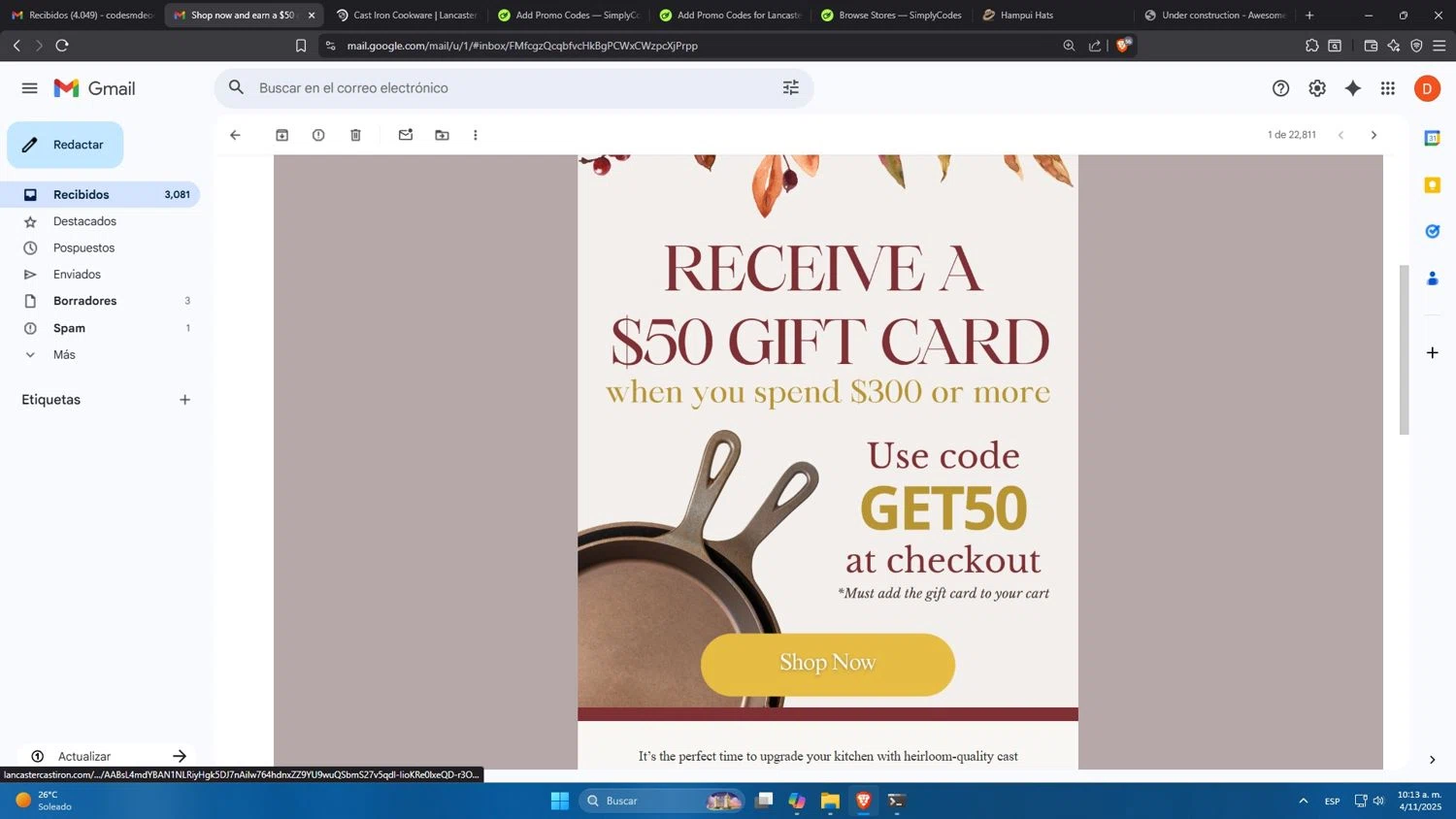 Lancaster Cast Iron discount code screenshot showing code get50 applied at Lancaster Cast Iron checkout page. Uploaded by SimplyCodes community member Mdeoca on Nov 4, 2025