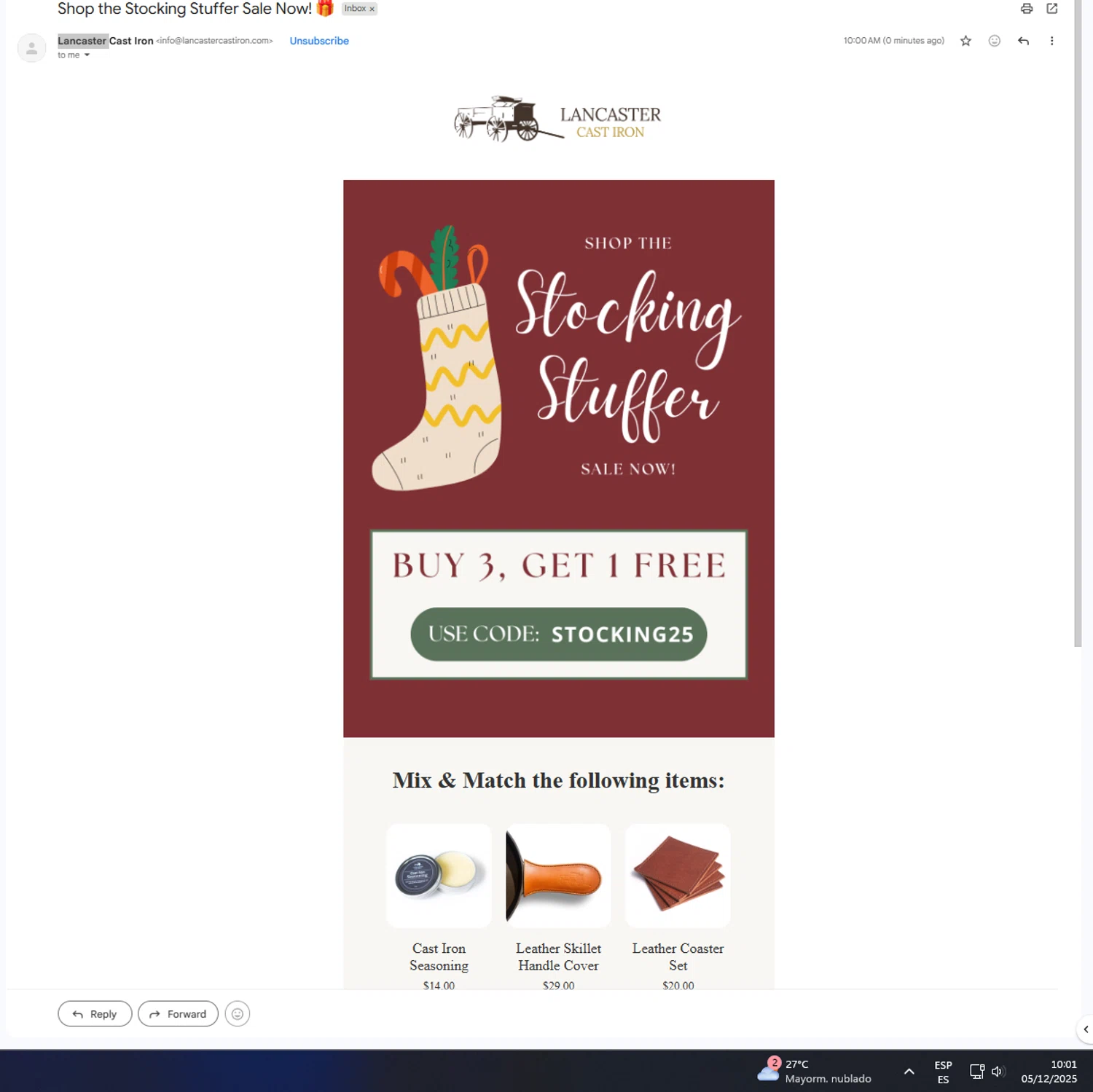 Lancaster Cast Iron discount code screenshot showing code STOCKING25 applied at Lancaster Cast Iron checkout page. Uploaded by SimplyCodes community member UnkNownVnzla on Dec 5, 2025