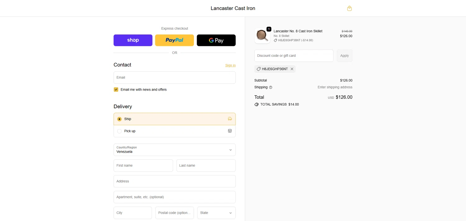 Lancaster Cast Iron discount code screenshot showing code H8JE6GHP36NT applied at Lancaster Cast Iron checkout page. Uploaded by SimplyCodes community member ivantorres on Nov 25, 2025