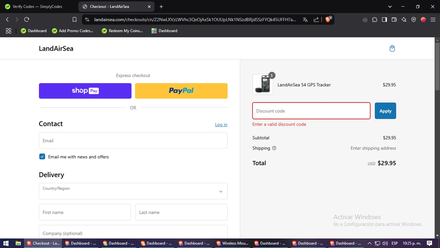 LandAirSea coupon code screenshot showing code HADDEN50 applied at LandAirSea checkout page. Uploaded by SimplyCodes community member BlueBerry on Feb 22, 2025