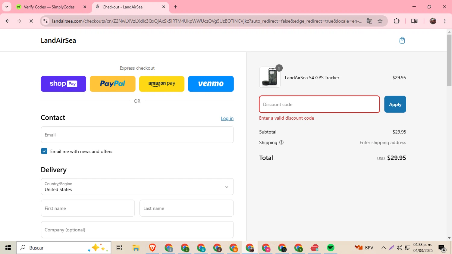 LandAirSea coupon code screenshot showing code HADDEN50 applied at LandAirSea checkout page. Uploaded by SimplyCodes community member BargainExpert9390 on Mar 4, 2025
