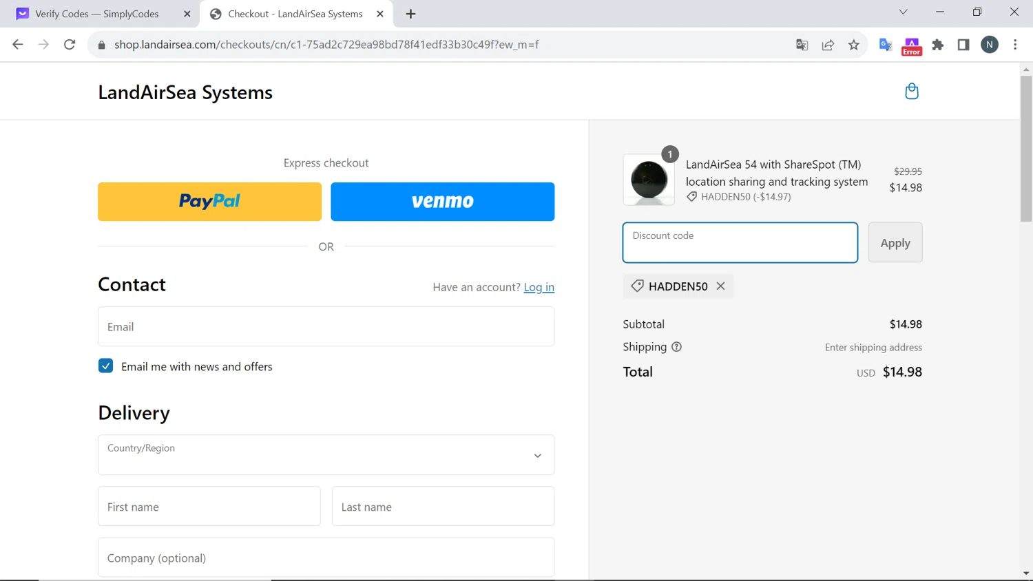 LandAirSea checkout page showing LandAirSea coupon code box | Screenshot taken by SimplyCodes community member on Nov 29, 2023