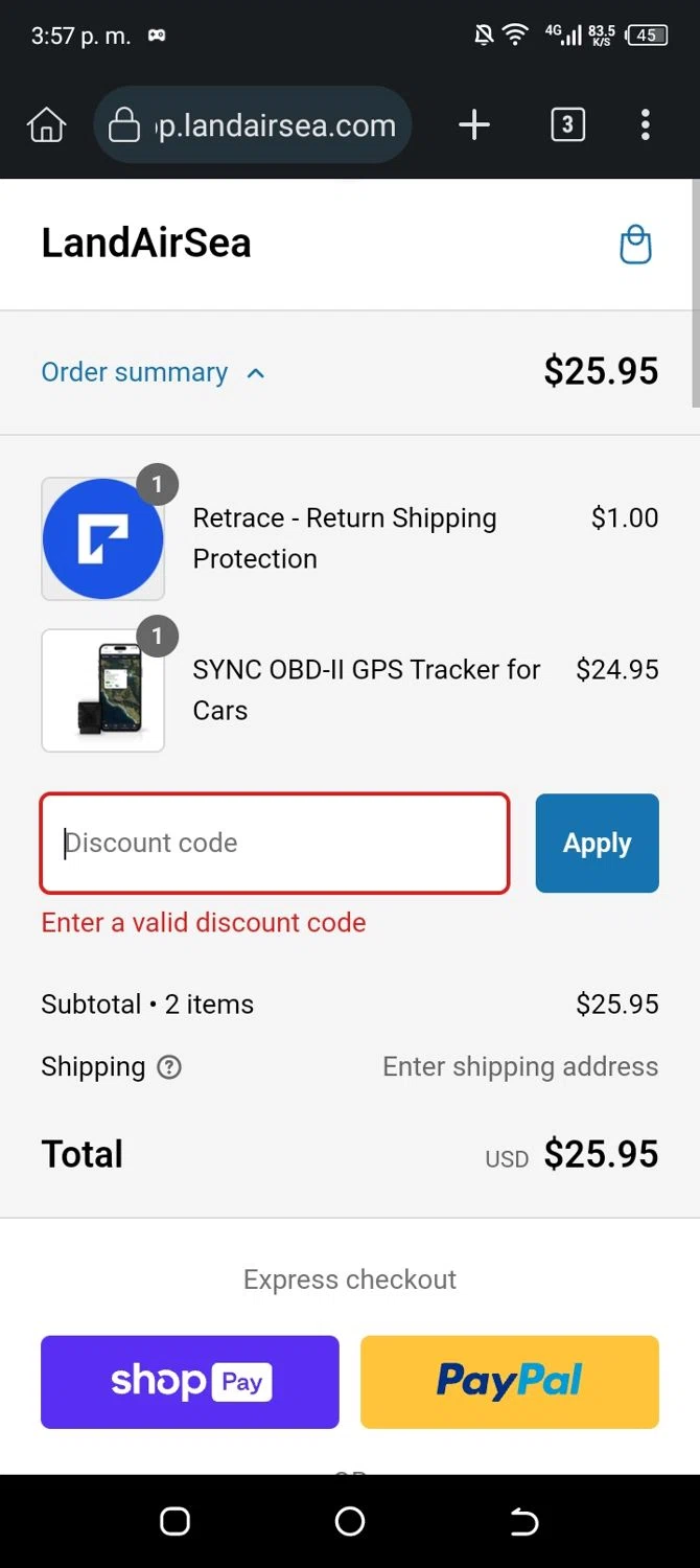 LandAirSea coupon code screenshot showing code 20VETS2023 applied at LandAirSea checkout page. Uploaded by SimplyCodes community member Chinita04 on Jan 14, 2025