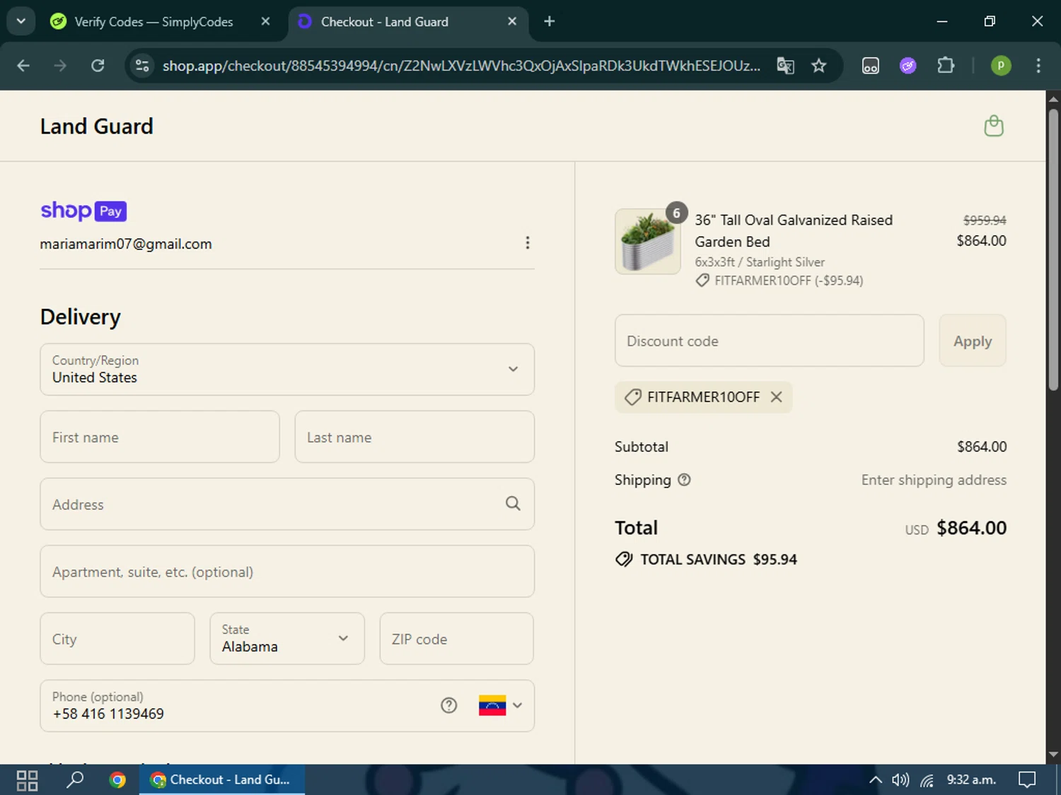 Land Guard promo code screenshot showing code FITFARMER10OFF applied at Land Guard checkout page. Uploaded by SimplyCodes community member Doncangrejo on Jul 12, 2025