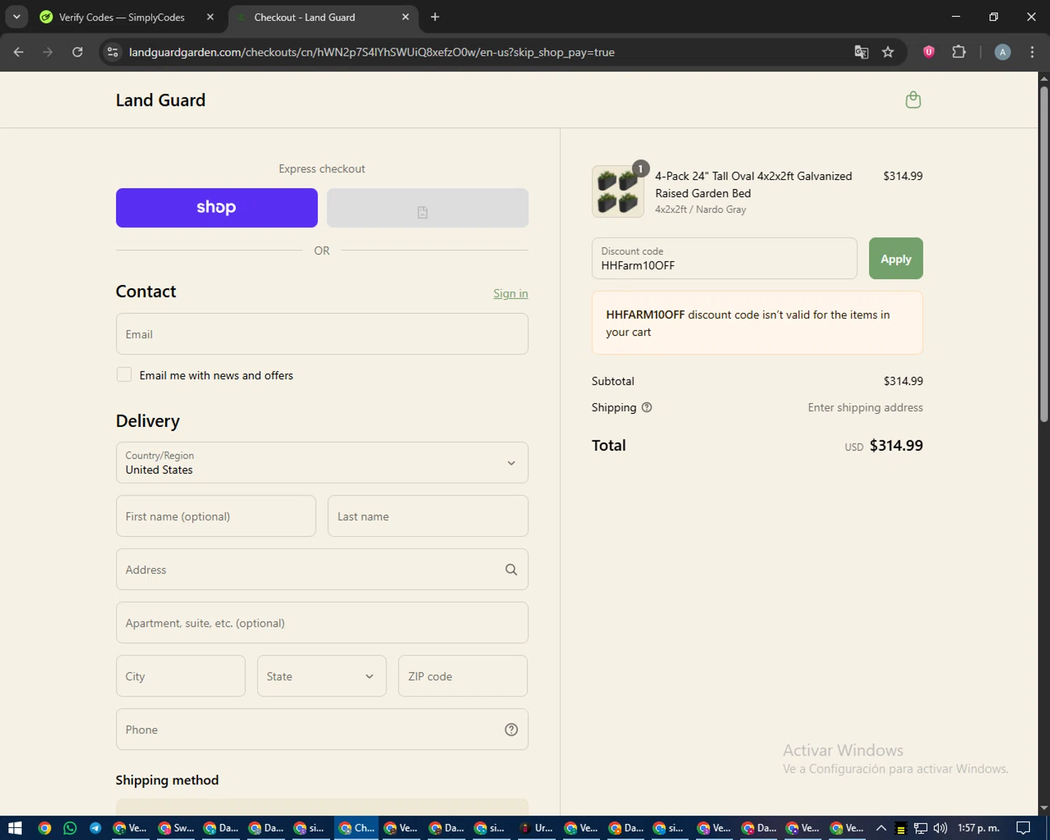 Land Guard promo code screenshot showing code HHFarm10OFF applied at Land Guard checkout page. Uploaded by SimplyCodes community member trippieredd on Sep 10, 2025