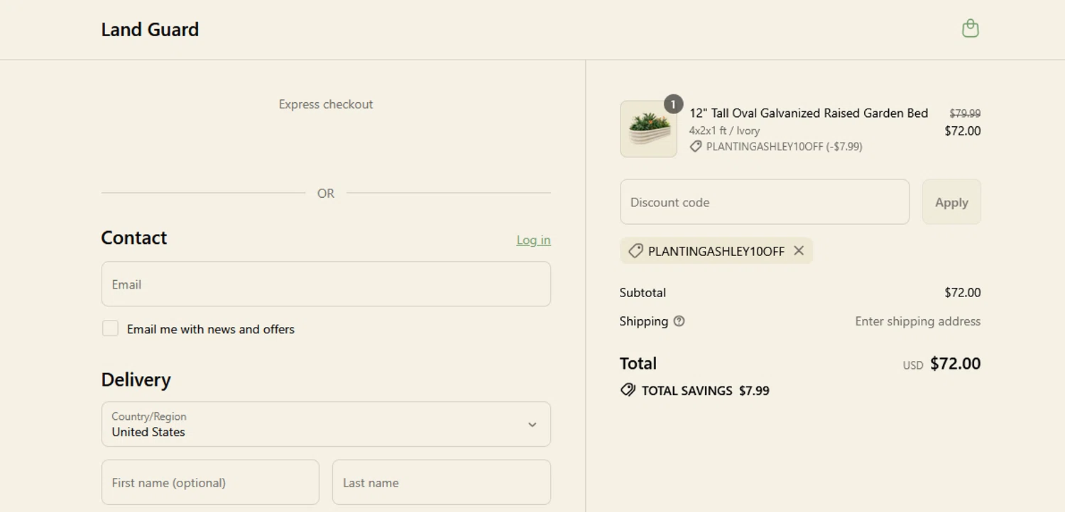 Land Guard promo code screenshot showing code PlantingAshley10OFF applied at Land Guard checkout page. Uploaded by SimplyCodes community member BLUEBLASTOISE on Aug 3, 2025