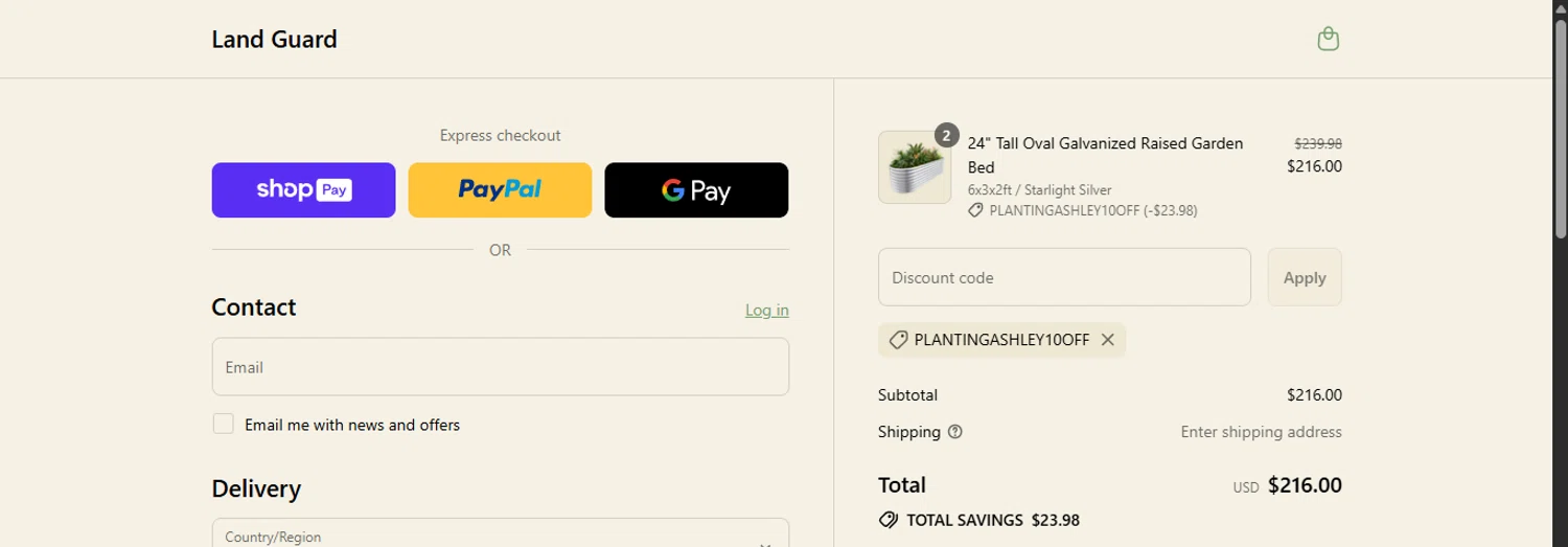 Land Guard promo code screenshot showing code PlantingAshley10OFF applied at Land Guard checkout page. Uploaded by SimplyCodes community member ashe1986 on Jul 7, 2025