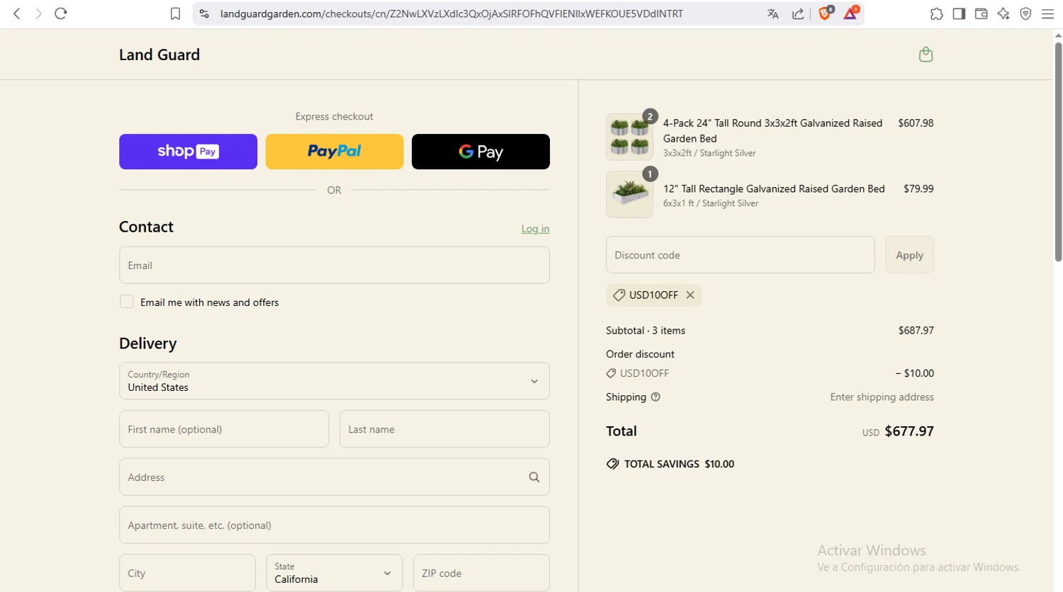 Land Guard promo code screenshot showing code USD10OFF applied at Land Guard checkout page. Uploaded by SimplyCodes community member crischidy25 on May 11, 2025