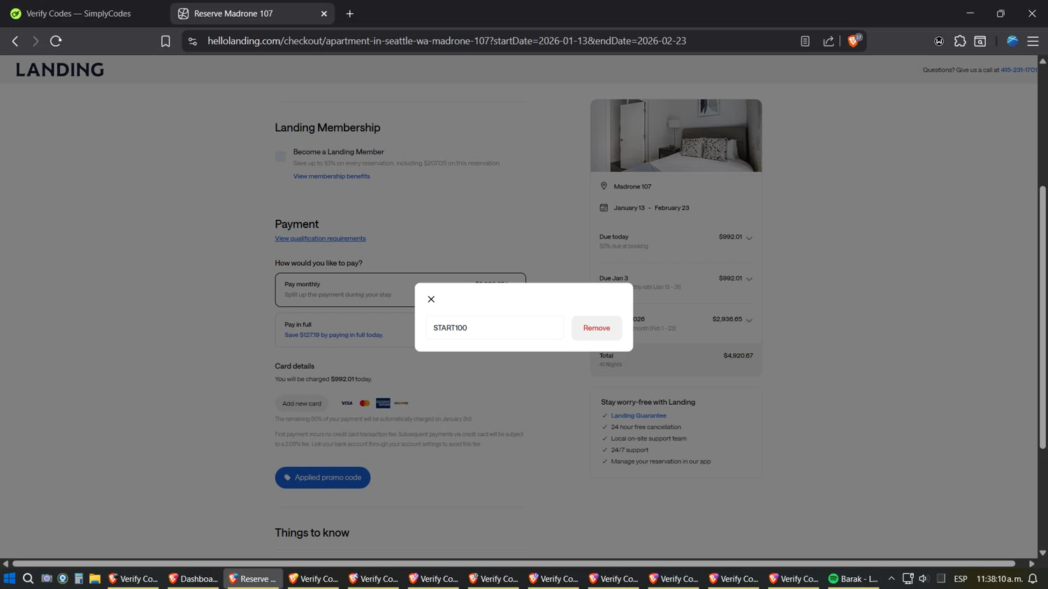 Landing promo code screenshot showing code START100 applied at Landing checkout page. Uploaded by SimplyCodes community member Jgomez on Oct 1, 2025