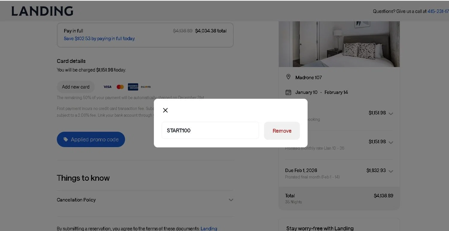 Landing promo code screenshot showing code START100 applied at Landing checkout page. Uploaded by SimplyCodes community member LAMINEJAMAL on Oct 1, 2025