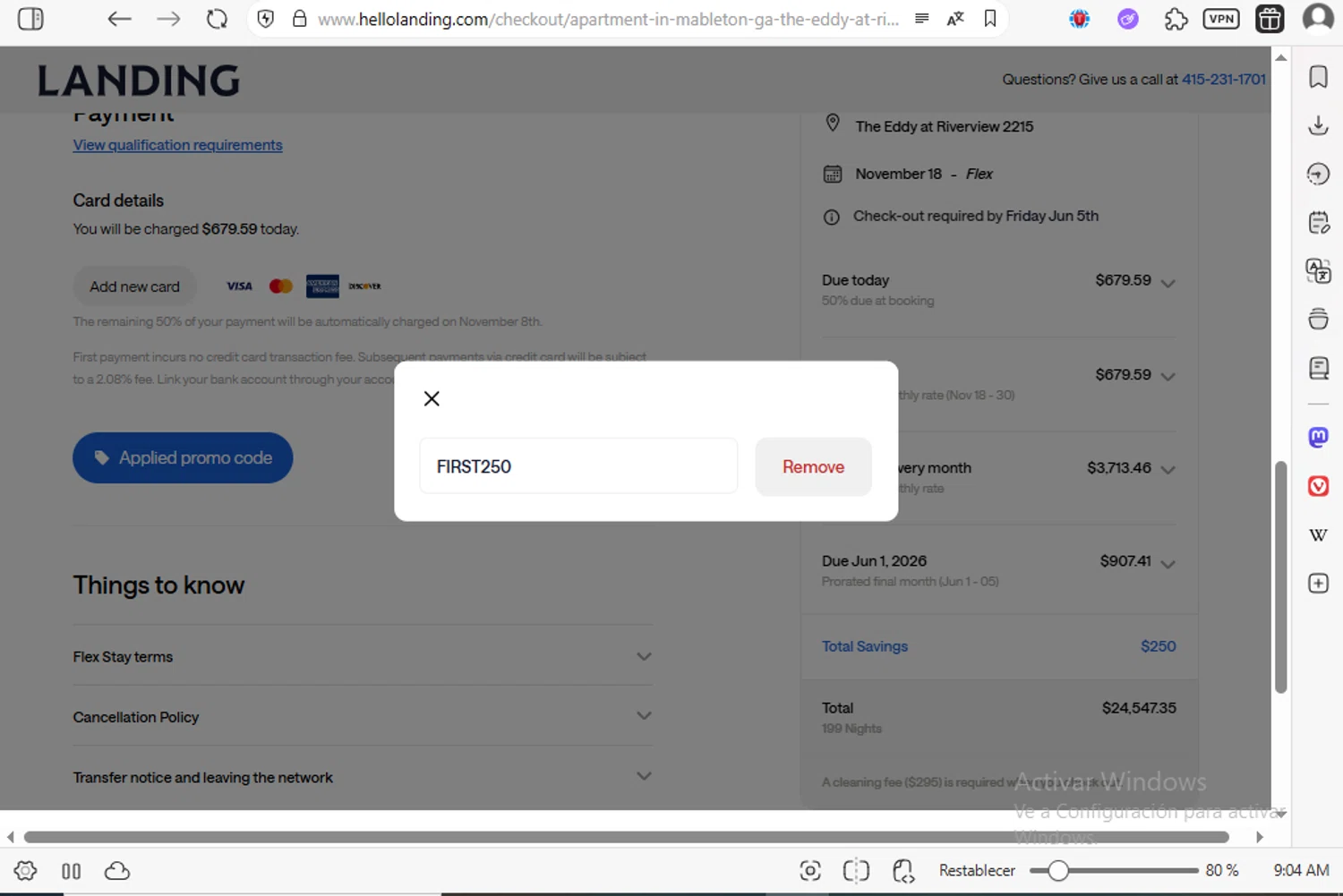 Landing promo code screenshot showing code FIRST250 applied at Landing checkout page. Uploaded by SimplyCodes community member luissilva2 on Oct 22, 2025