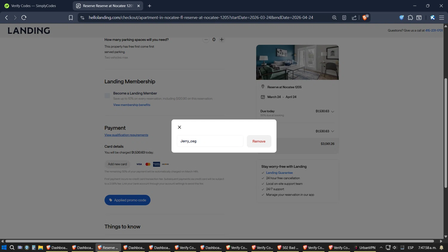 Landing promo code screenshot showing code Jerry_ceg applied at Landing checkout page. Uploaded by SimplyCodes community member Jgomez on Oct 22, 2025