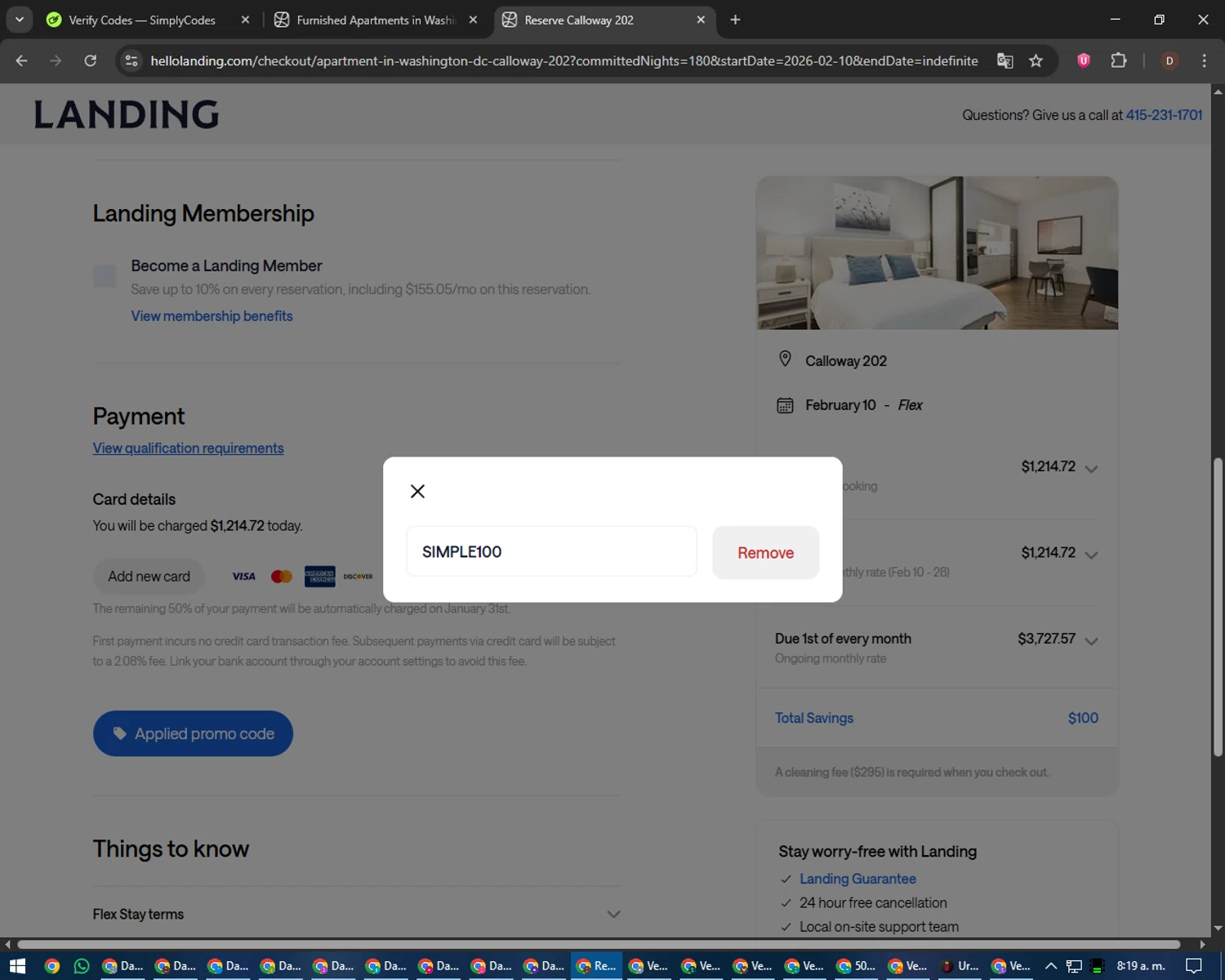 Landing checkout page showing Landing promo code box | Screenshot taken by SimplyCodes community member on Jan 22, 2026