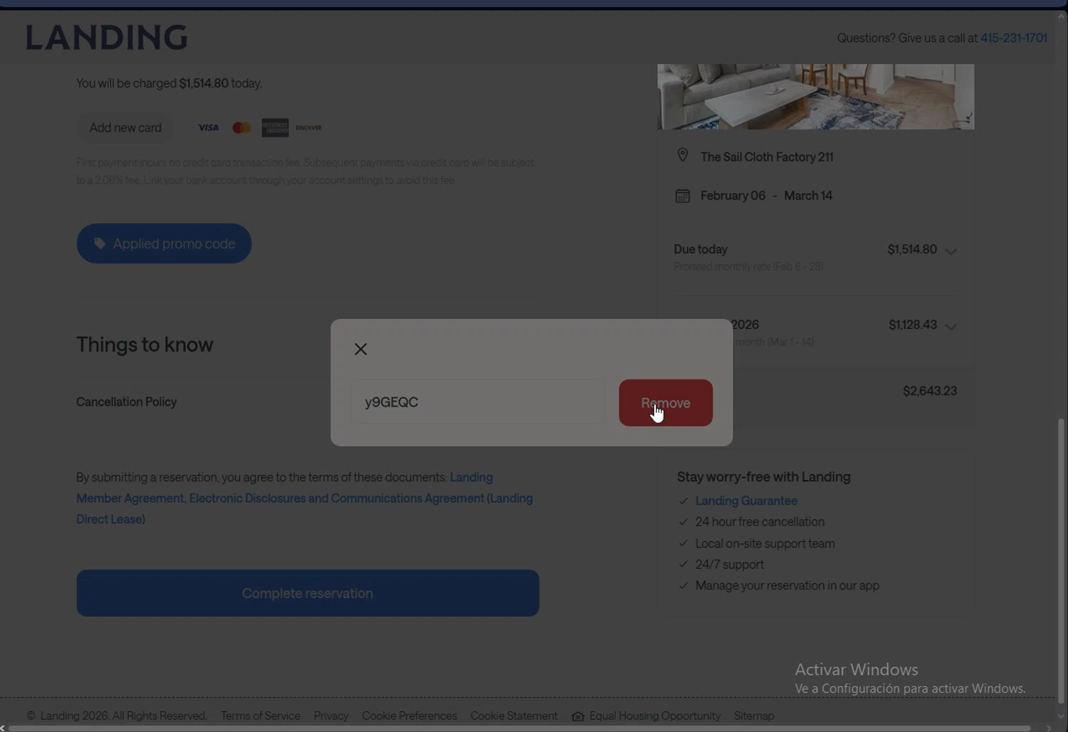 Landing checkout page showing Landing promo code box | Screenshot taken by SimplyCodes community member on Feb 2, 2026