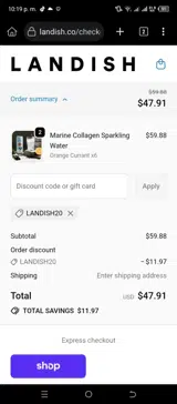 LANDISH20 coupon verification screenshot