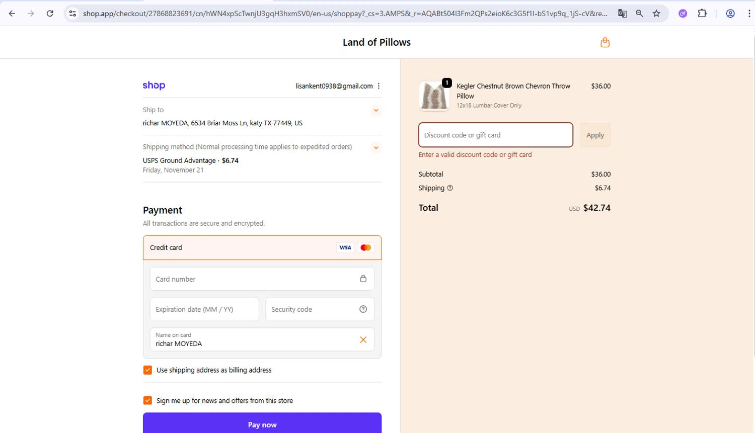 Land of Pillows promo code screenshot showing code BD10 applied at Land of Pillows checkout page. Uploaded by SimplyCodes community member PrimeWarden1601 on Nov 6, 2025