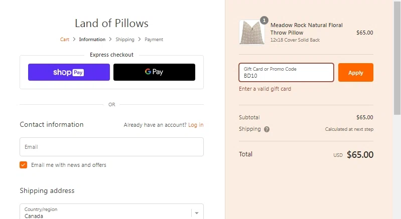 Land of Pillows checkout page showing Land of Pillows promo code box | Screenshot taken by SimplyCodes community member on Apr 4, 2023