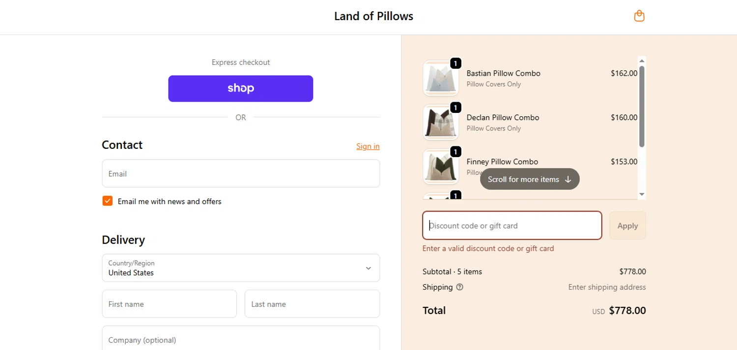 Land of Pillows promo code screenshot showing code SAVE30 applied at Land of Pillows checkout page. Uploaded by SimplyCodes community member Ester_0044 on Oct 31, 2025