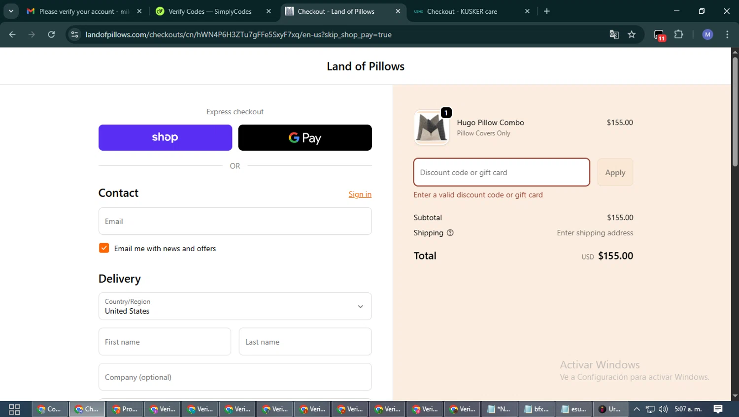 Land of Pillows promo code screenshot showing code SAVE30 applied at Land of Pillows checkout page. Uploaded by SimplyCodes community member PrimeFox5260 on Oct 22, 2025