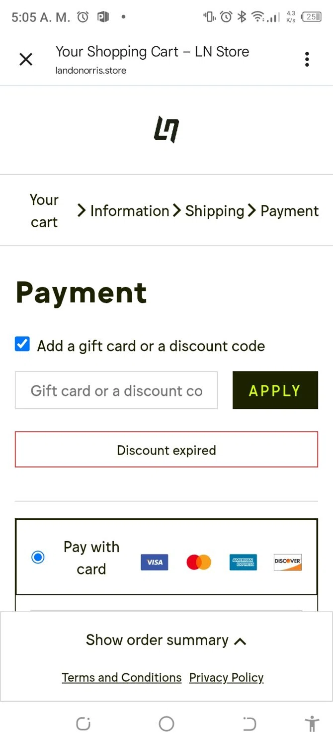 Lando Norris discount code screenshot showing code monacobaby applied at Lando Norris checkout page. Uploaded by SimplyCodes community member SaleSentinel7319 on Nov 22, 2025