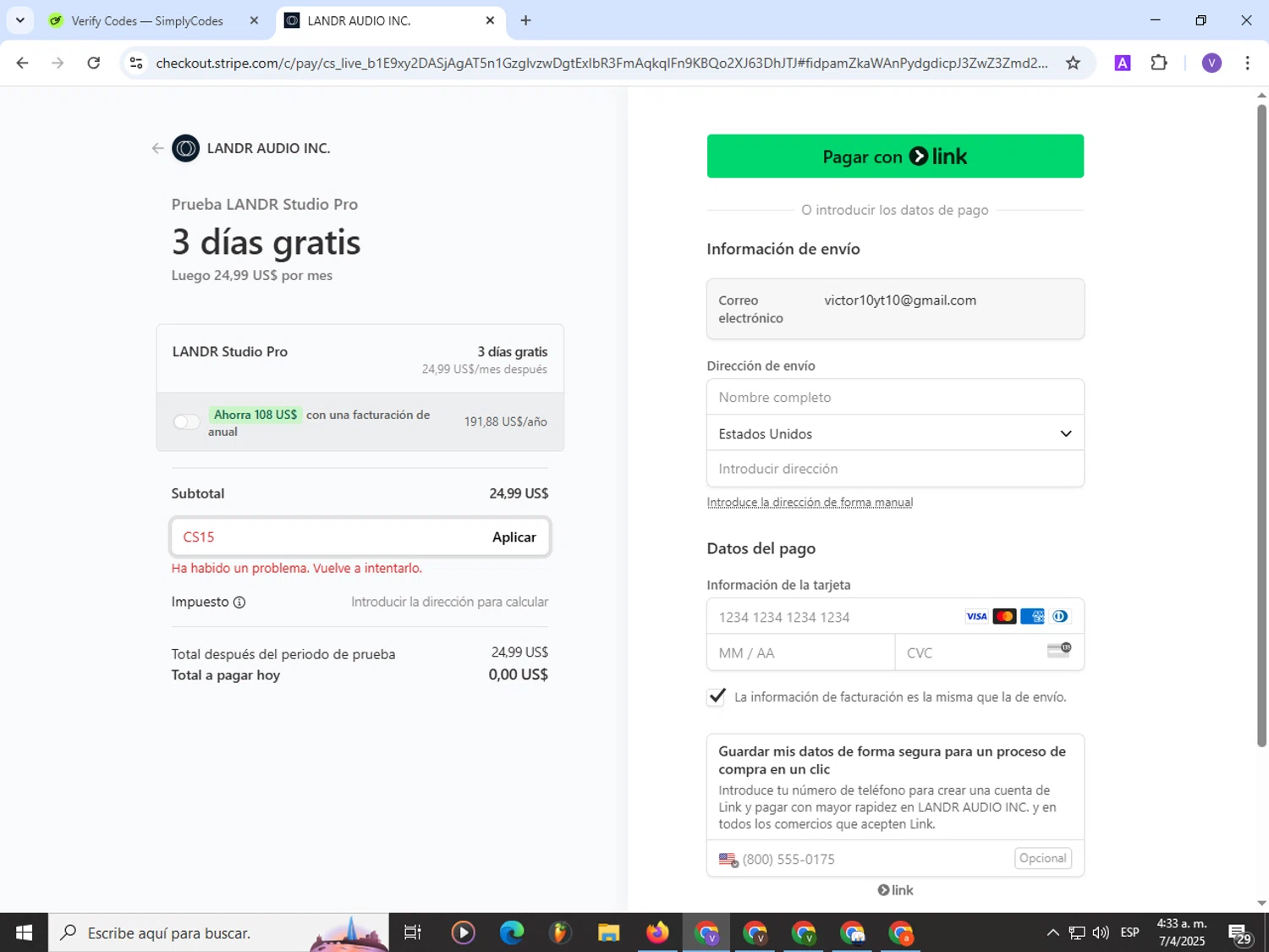 LANDR promo code screenshot showing code CS15 applied at LANDR checkout page. Uploaded by SimplyCodes community member Satoru_gojo on Apr 7, 2025