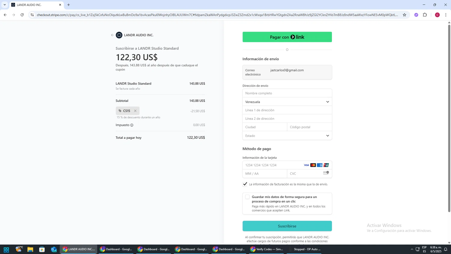 LANDR promo code screenshot showing code CS15 applied at LANDR checkout page. Uploaded by SimplyCodes community member TOROREX250 on May 6, 2025