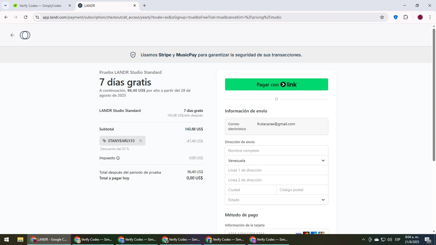 LANDR promo code screenshot showing code STANYEARLY33 applied at LANDR checkout page. Uploaded by SimplyCodes community member MightyLegend6657 on Aug 21, 2025